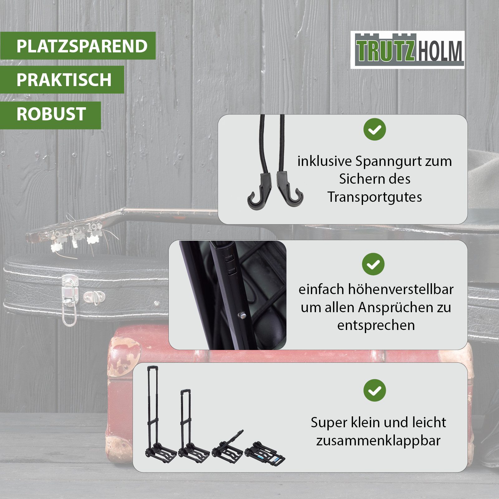 TRUTZHOLM Mini Folding Sack Truck, Suitcase Trolley, 25 kg Luggage Trolley, Height-Adjustable Handle