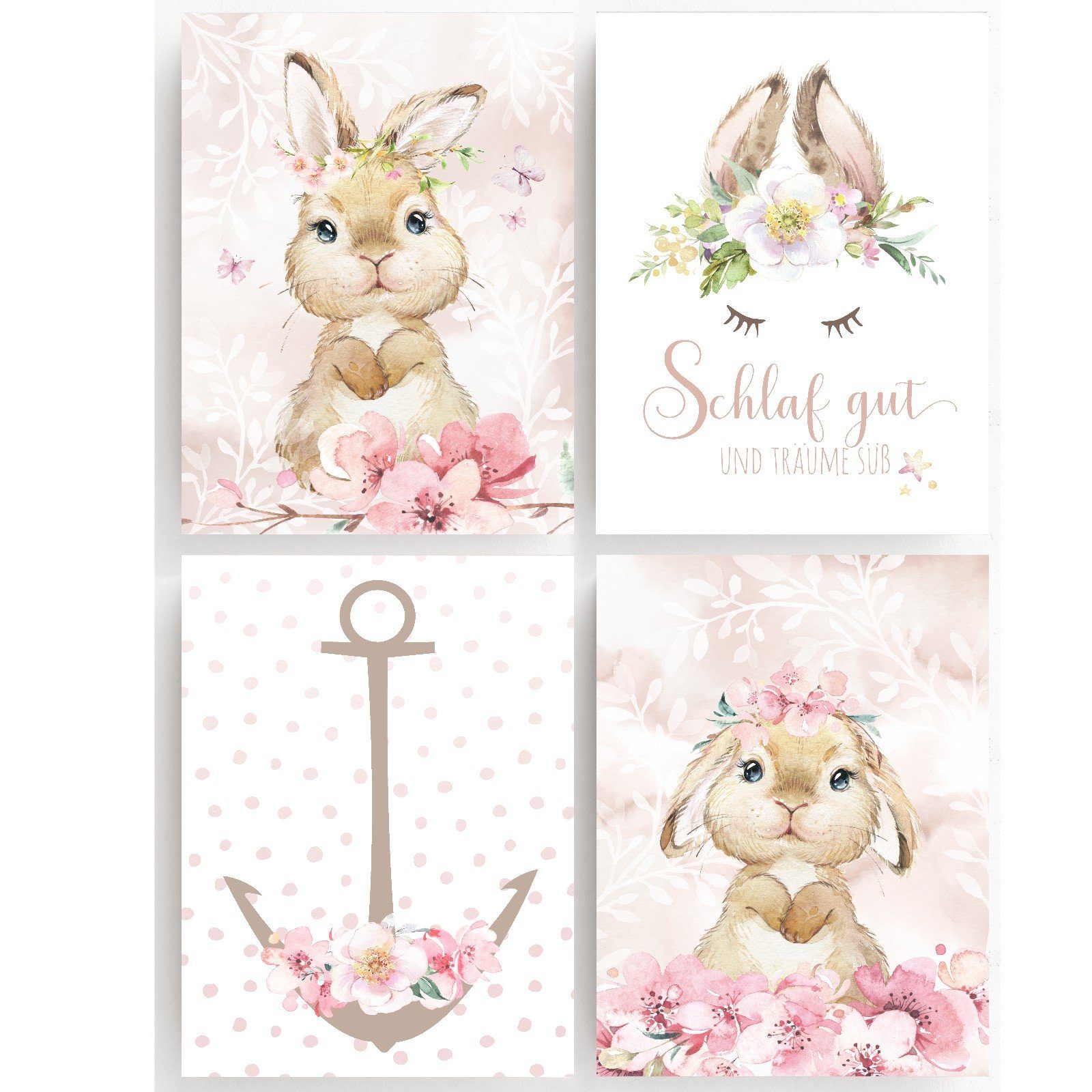 homestyle-accessoires Poster Bilderset Kinderbilder SCHLAF GUT UND TRÄUME SÜSS HASE BUNNIES 4er, - Ohne Bilderrahmen - sorgfältige & sichere Verpackung