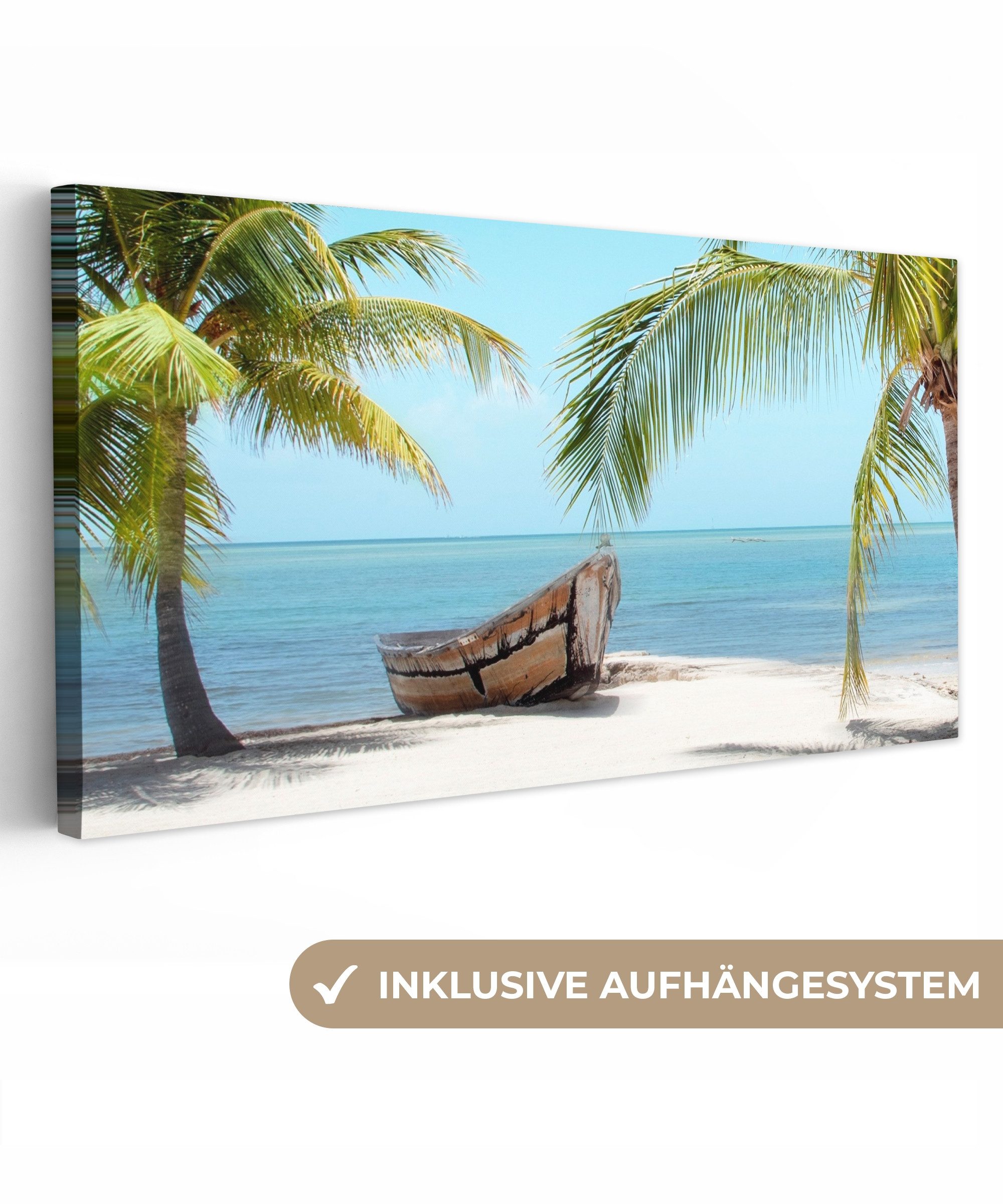 OneMillionCanvasses® Leinwandbild Panorama Palme - Boot - Strand, Fotodruck günstig online kaufen