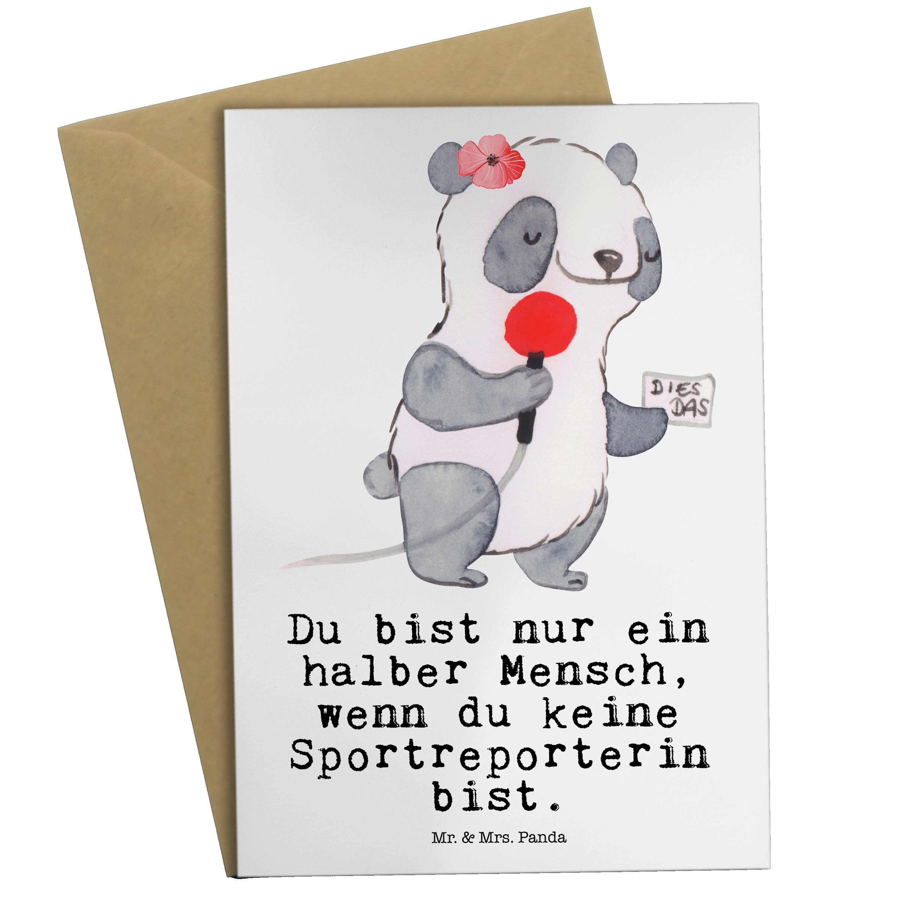 Mr. & Mrs. Panda Grußkarte Sportreporterin mit Herz - Weiß - Geschenk, Glückwunschkarte, Jubiläu