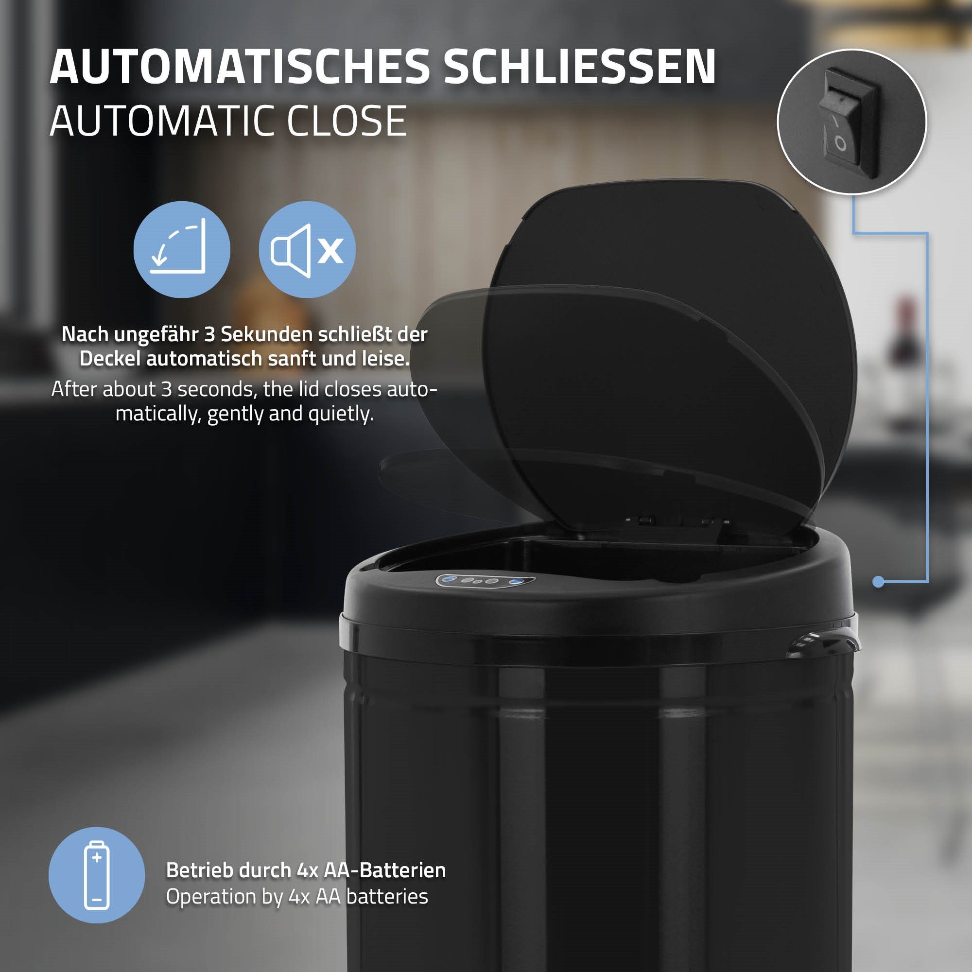 Müllbehälter Edelstahl Mülleimer Rund automatisches & mit mit Sensor 30L ML-DESIGN Schwarz Öffnen Schließen Bewegungssensor, Abfalleimer