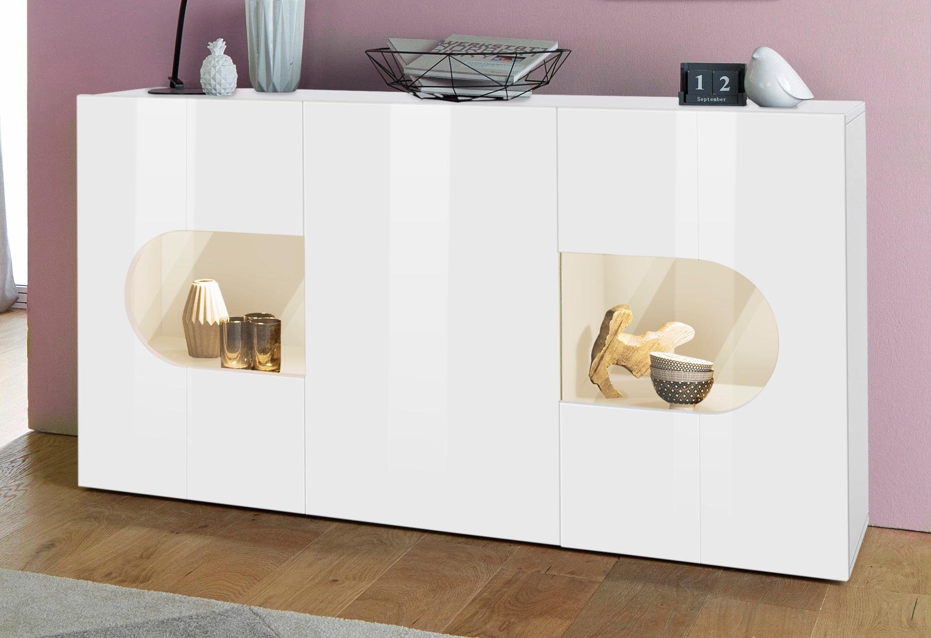 INOSIGN Sideboard Real,Vitrine,Kommode,Schrank,Breite 150cm komplett hochglanz lackiert, mit 3 Türen davon 2 Glastüren ohne Griff