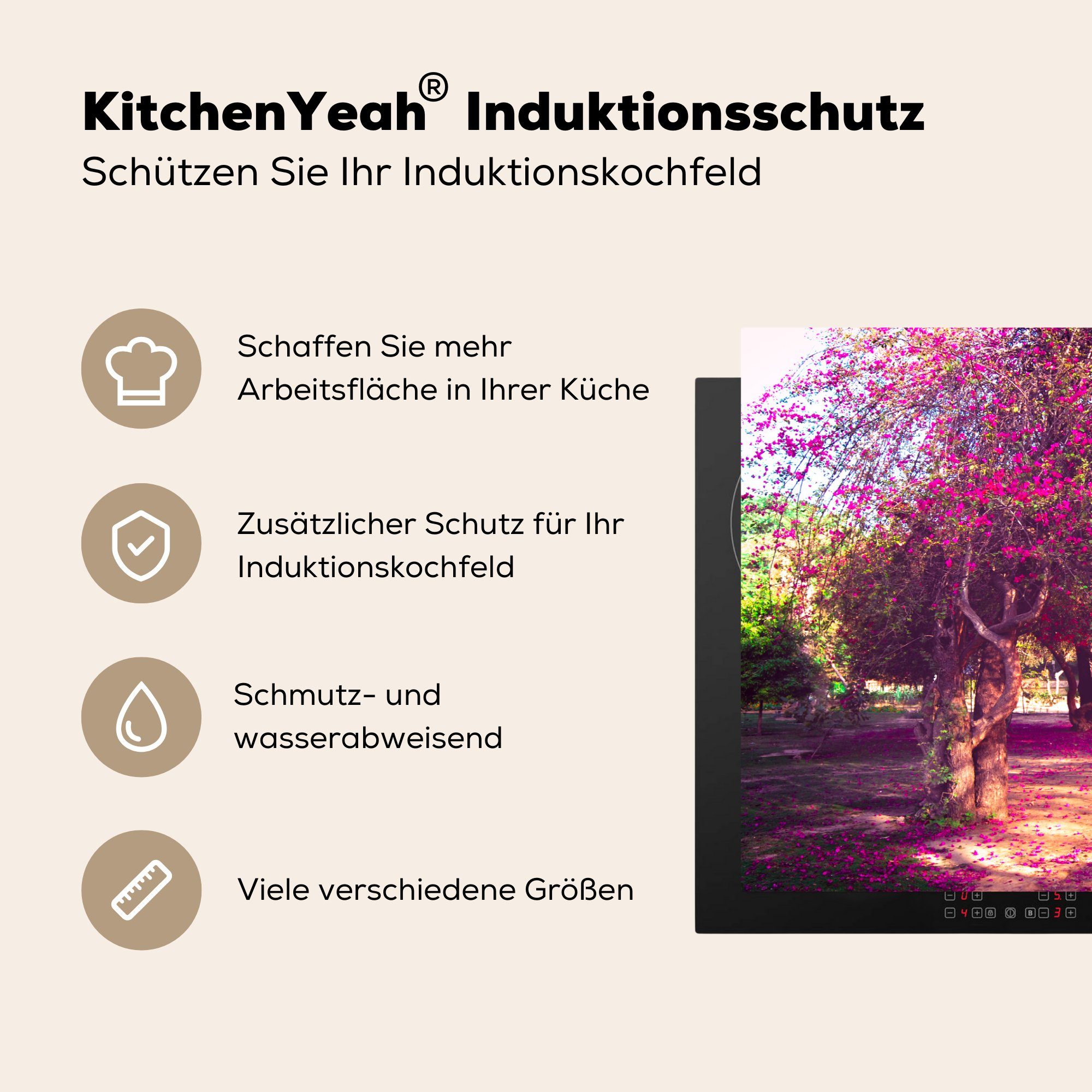 MuchoWow Herdblende-/Abdeckplatte in für (1 küche, in den Schutz Lodi-Gärten Vinyl, die 81x52 Induktionskochfeld tlg), Bäume Indien, cm, Blühende Ceranfeldabdeckung