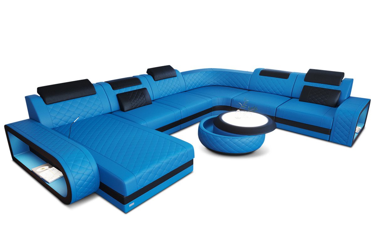 Sofa Dreams Wohnlandschaft Ledersofa Berlin XXL U Form Mini Designersofa, 6-Sitzer, Ottomane, freie Farbwahl, LED, USB
