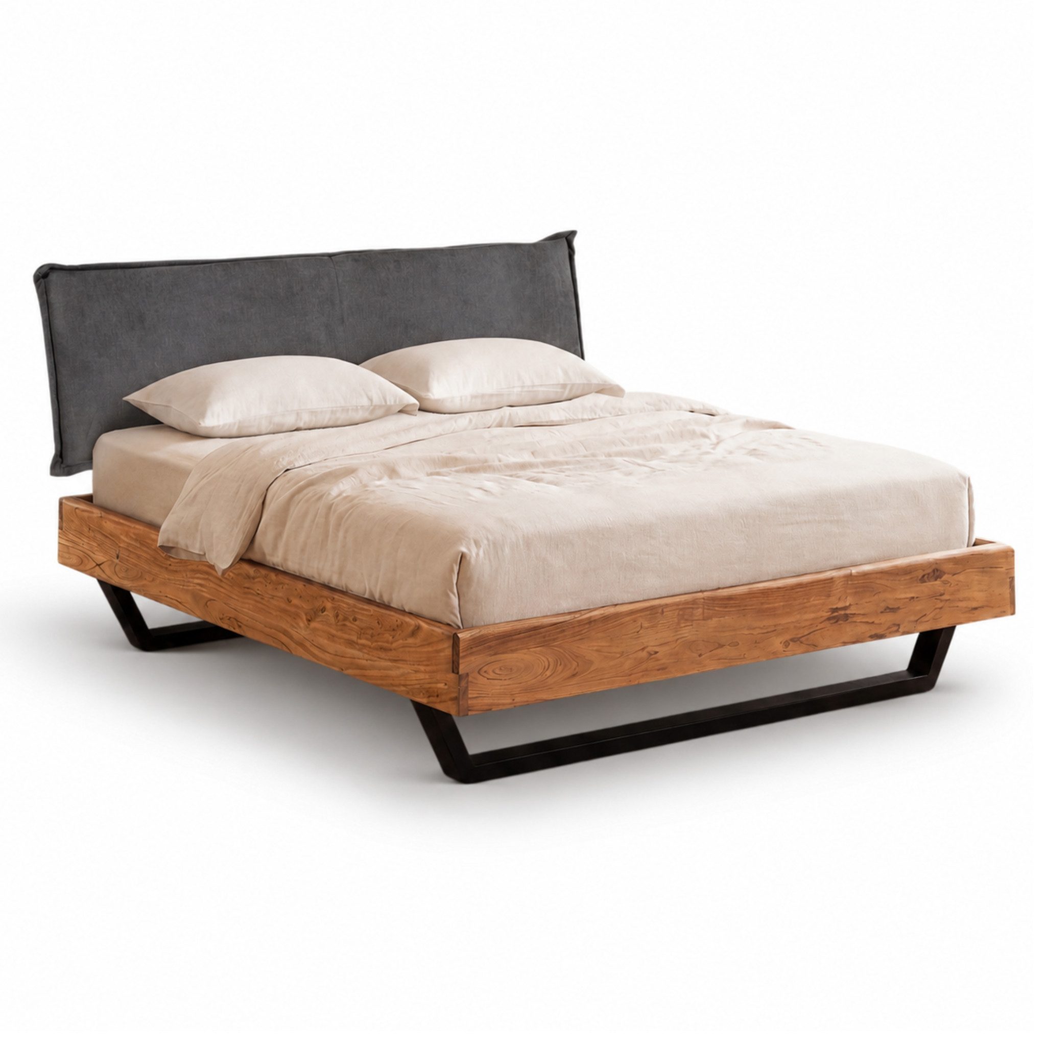 Liadomo Bettgestell Bologna Cozy, Bett, Einzelbett, Doppelbett, Massivholzbett, Akazie (Liegefläche 140 x 200, 160 x 200, 180 x 200 cm), Polsterkopfteil, Cozy-Look, mit Metallkufen schwarz