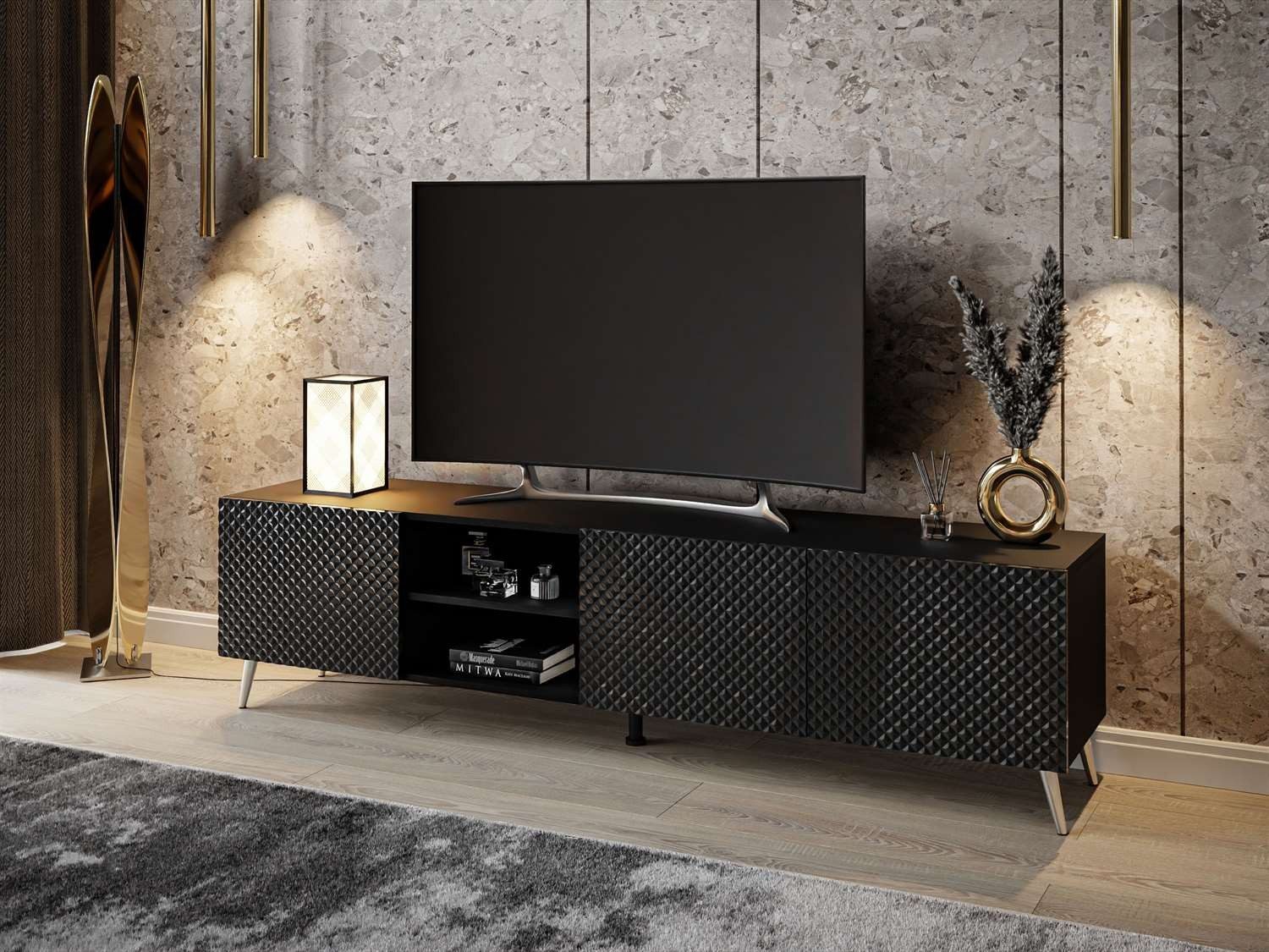 ALLHOUSE24 Lowboard PALERMO Sideboard Hochglanz gefräst, Metallfüße in 3 Farben, Breite 195 cm