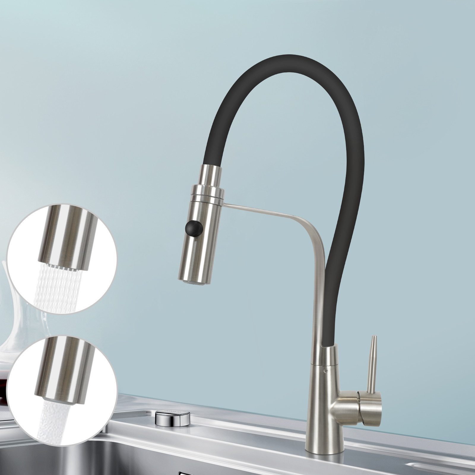 Nettlife Küchenarmatur Hochdruck Ausziehbar Küche mit Brause Schwarz Spültischarmatur (Mischbatterie) Wassersparenden, Herausziehbare Brause, Flexibler Design, 360° drehbar