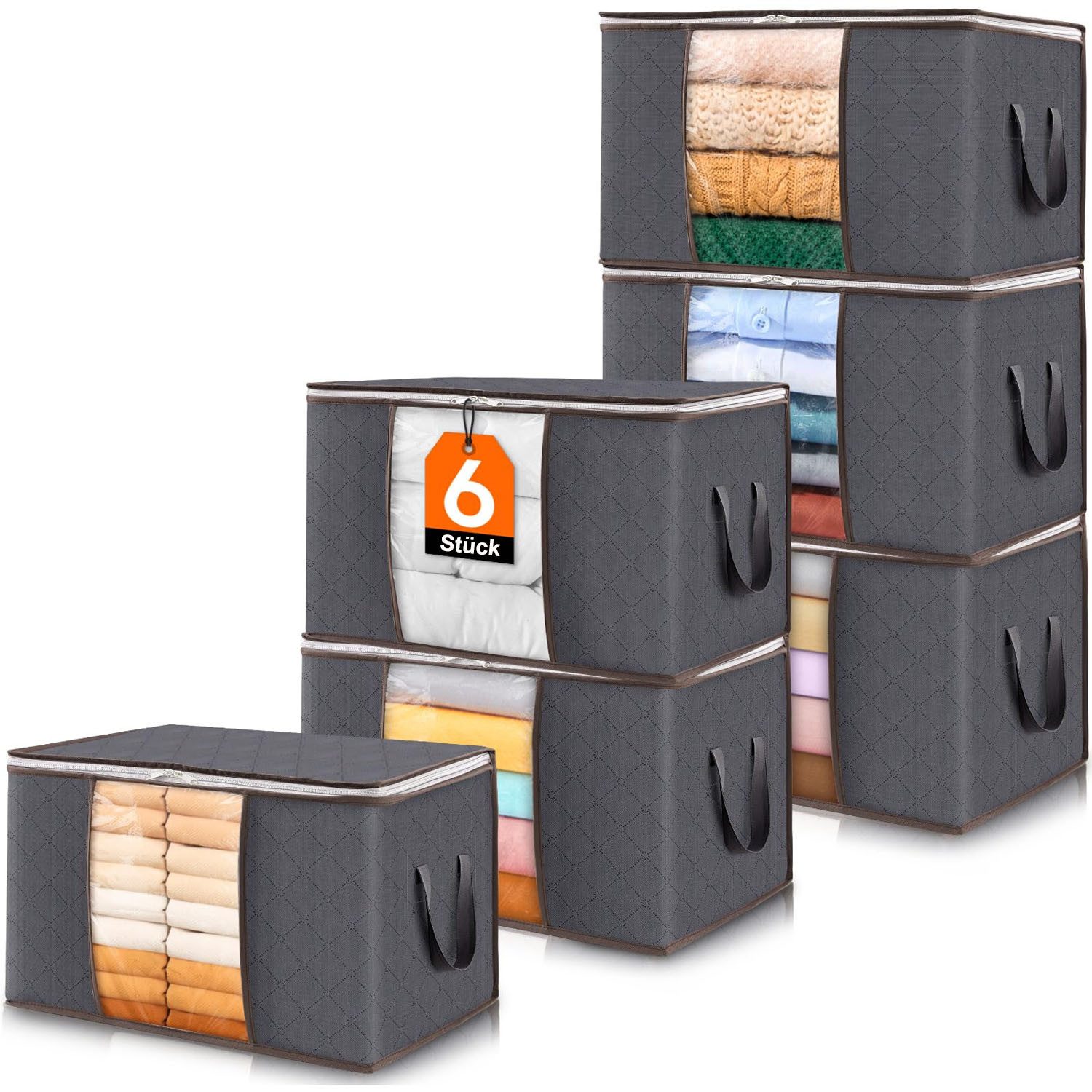 SURFOU Aufbewahrungstasche 3/6er Set 90L Aufbewahrungsboxen mit Deckel – Faltbare Kleiderboxen (Kleiderschrank Organizer, Aufbewahrungstasche, Große 90L Aufbewahrungsboxen aus atmungsaktivem Vliesstoff mit Sichtfenster, Reißverschlussdeckel und verstärkte