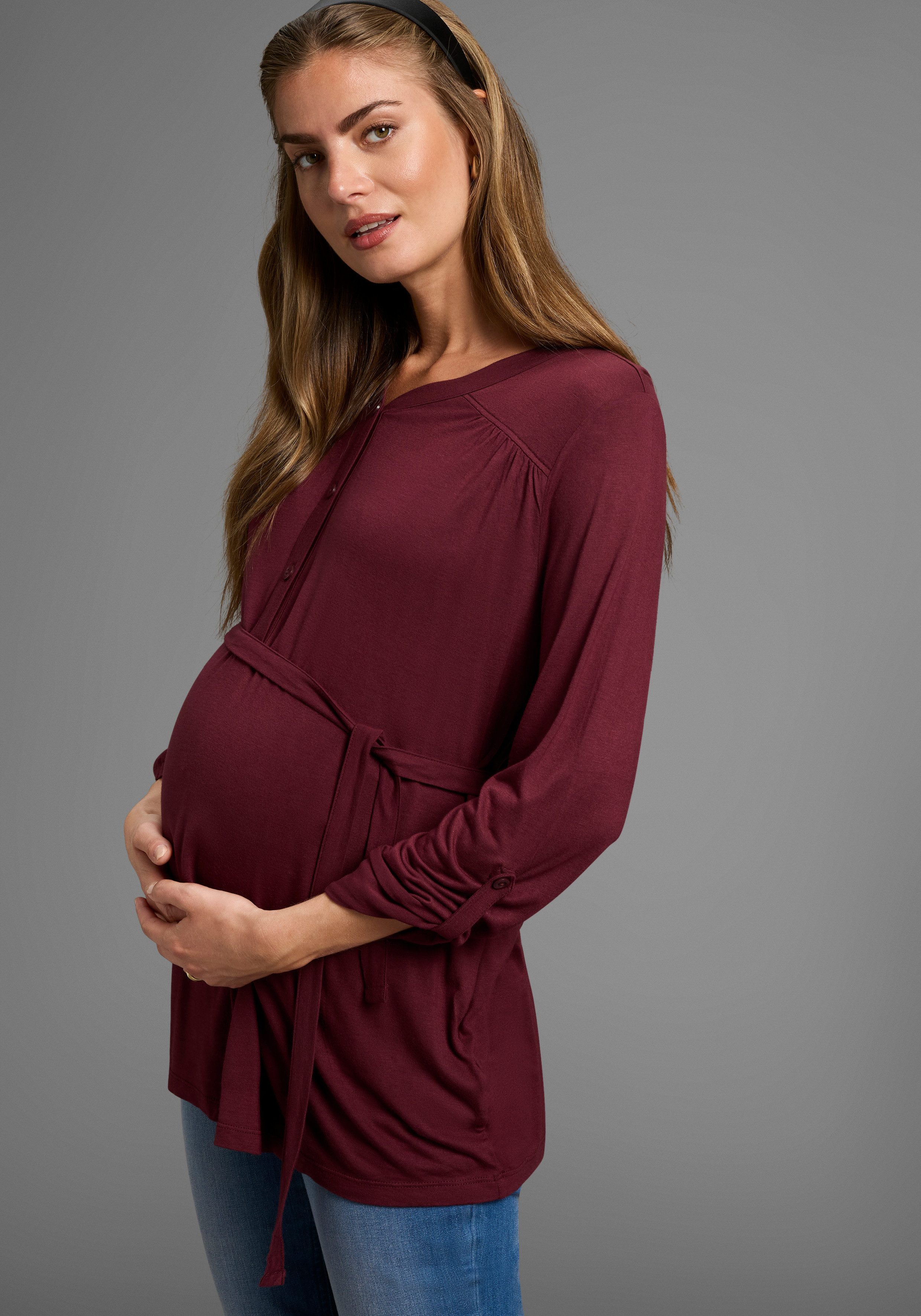 Neun Monate Umstandsshirt Jersey-Bluse mit Bindegürtel Viskose Umstands-Bluse praktisch für Schwangerschaft und danach