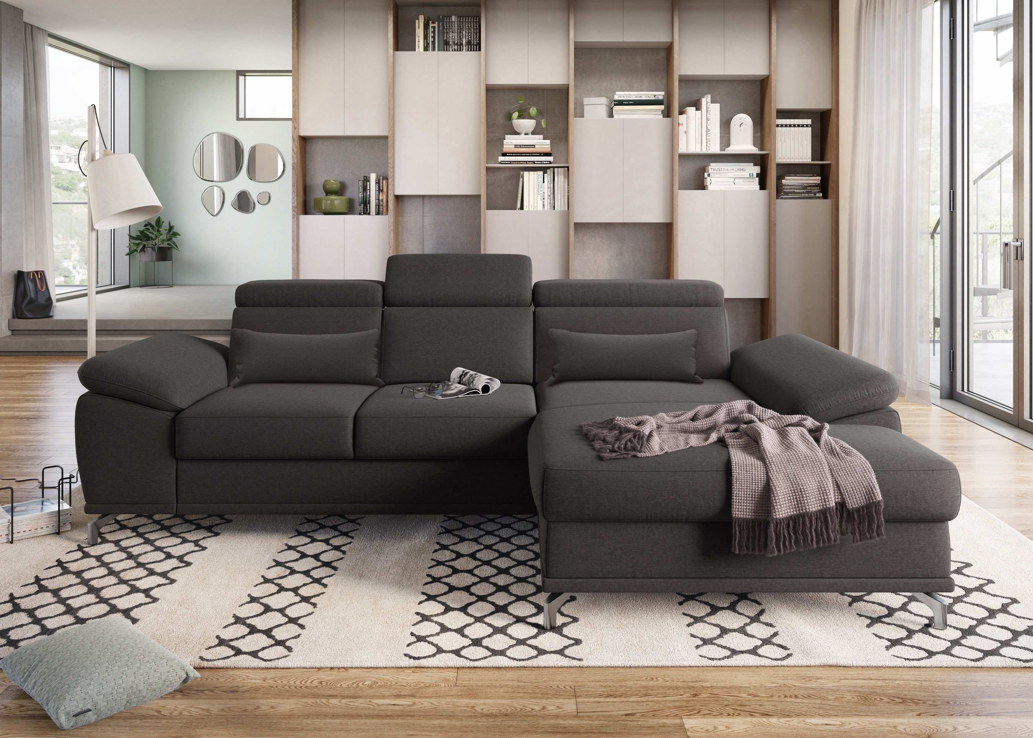 sit&more Ecksofa Cabrio L-Form, B: 295 cm, mit Sitztiefen-, Arm- & Kopfteilverstellung, 2 Nierenkissen, Federkern, optional Bettfunktion und Stauraum