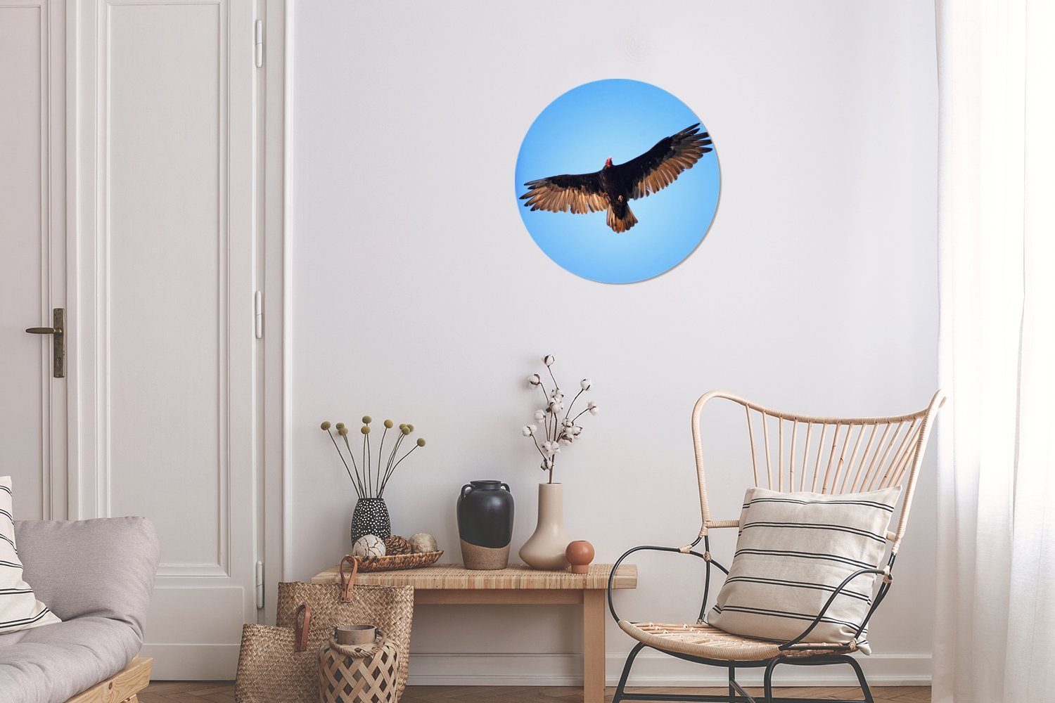 Himmel, Wandbild, Wanddekoration Forex, Kreis MuchoWow cm blauen Ein einem 30x30 fliegt (1 St), in Rundes Truthahngeier Gemälde Wohnzimmer,