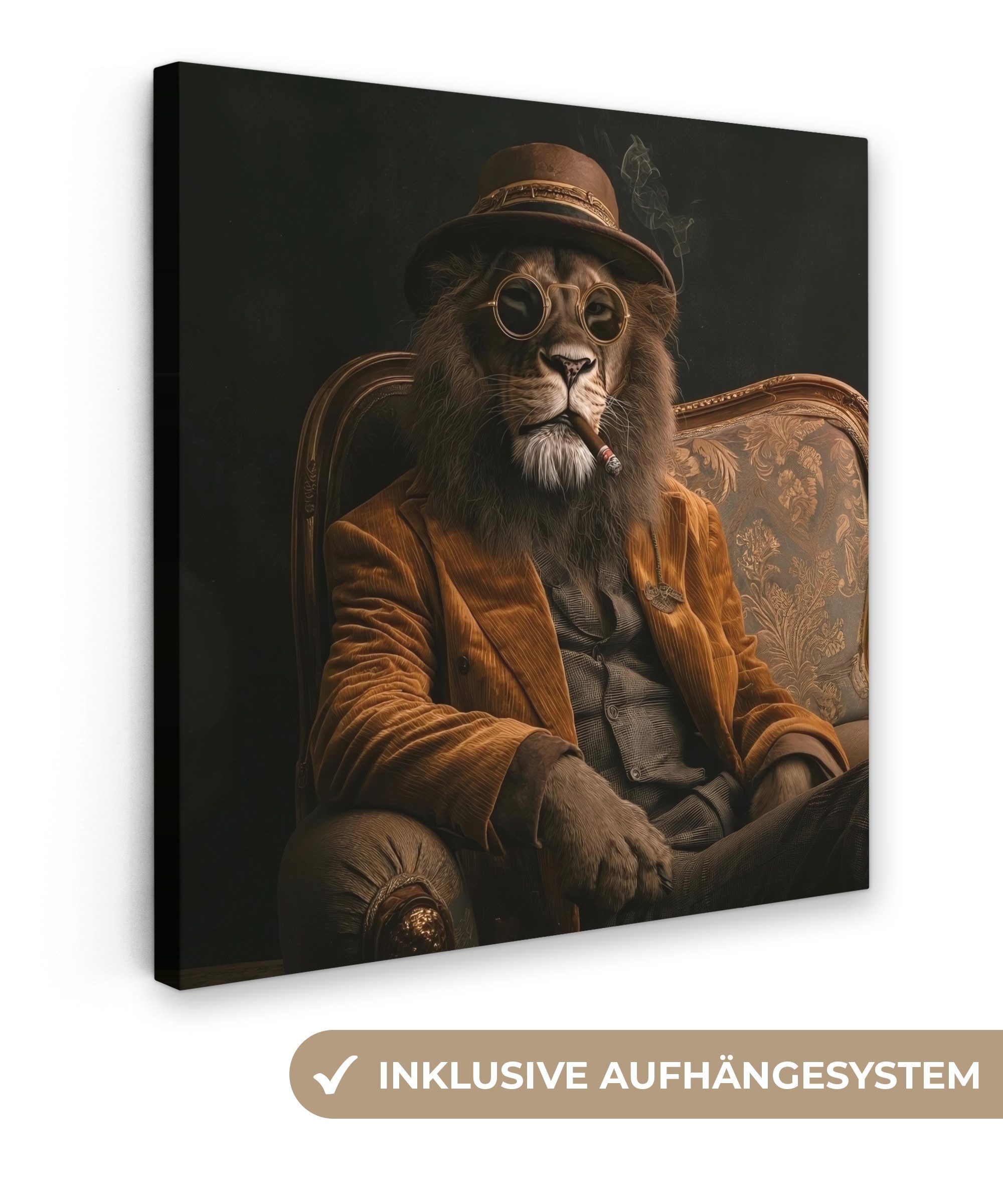 OneMillionCanvasses® Leinwandbild Brille - Löwe - Bank - Hut, Fotodruck (1 St), Wandbild, Deko Schlafzimmer Wohnzimmer Flur 20x20 cm