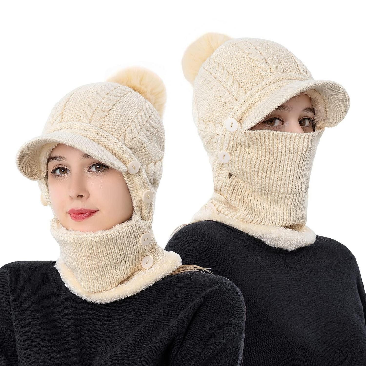 Strickmütze Wintermütze Damen Herren Schalset Halswärmer Haarball Beige