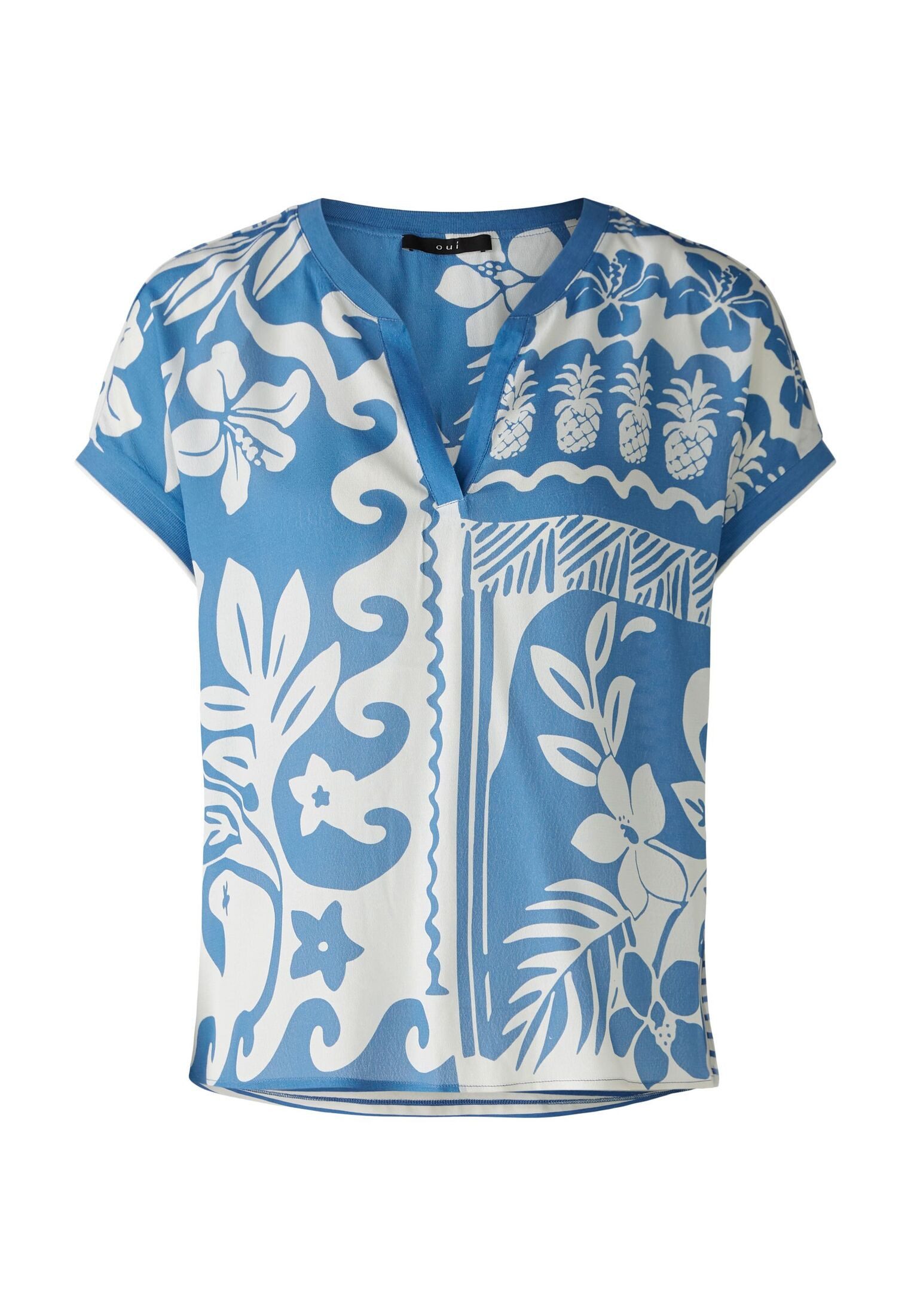 Oui Damen Shirt Silky Touch - Lässiges Shirt Mit Alloverprint | Floral Druck Rundhals