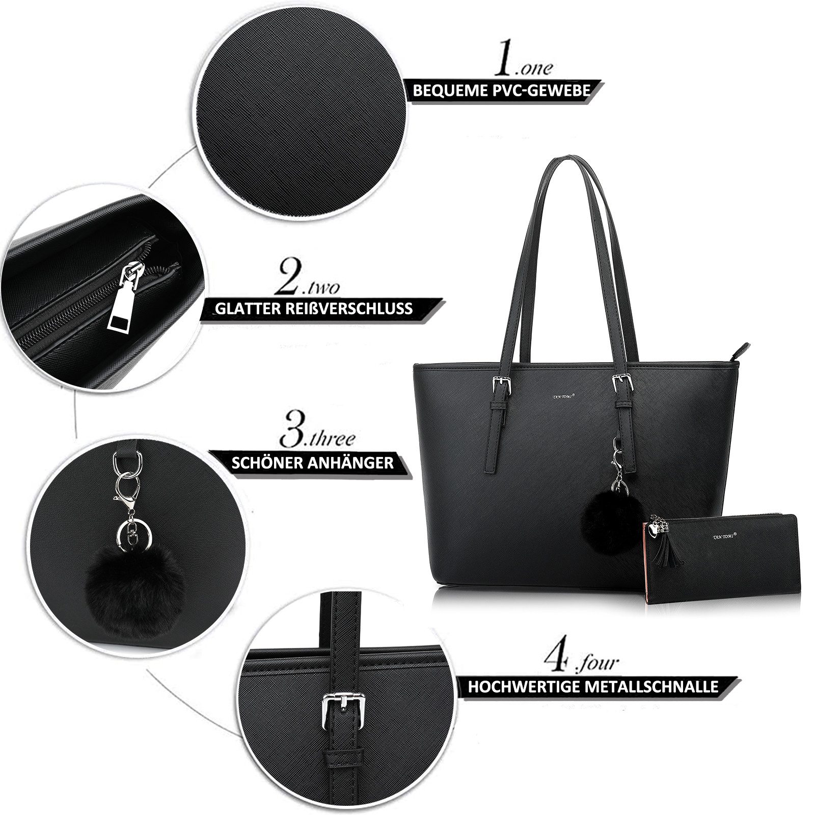 TAN.TOMI Shopper Handtasche Damen mit Geldbörse und Schlüsselanhänger, Groß Damen Handtasche, ​Geschenke für Frauen in schlichter Optik