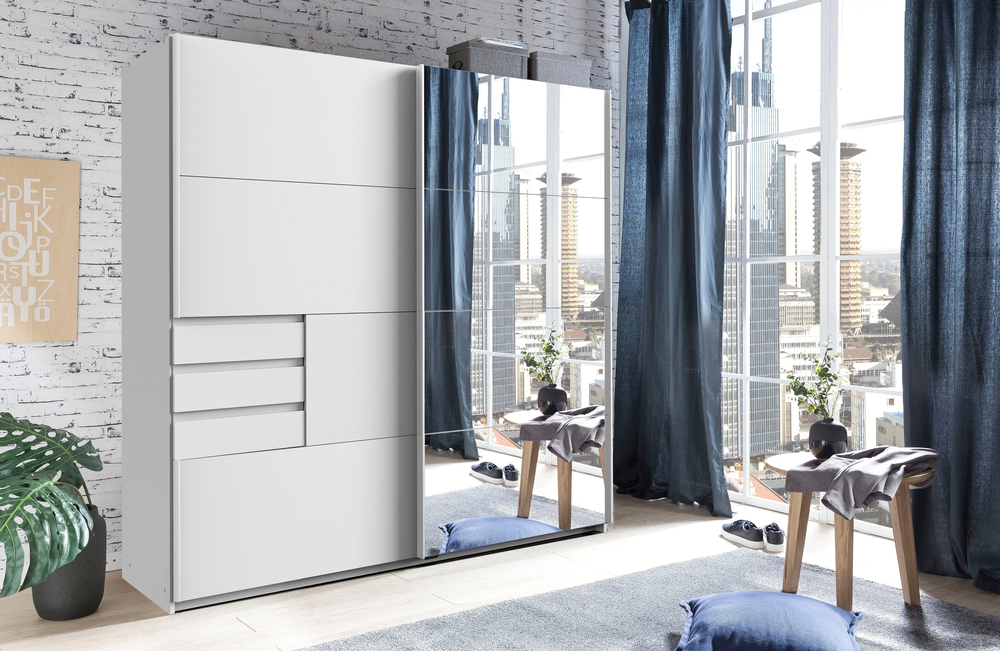 Wimex Schwebetürenschrank Oldenburg, Kleiderschrank mit Spiegel in weiß, 3 Schubladen (B/T/H: 180/64/198cm, inklusive geräumigen Innenleben, Made in Germany) mi – Bild 2 von 5