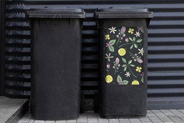 MuchoWow Wandsticker Sommer - Blumen - Obst - Schwarz (1 St), Mülleimer-aufkleber, Mülltonne, Sticker, Container, Abfalbehälter
