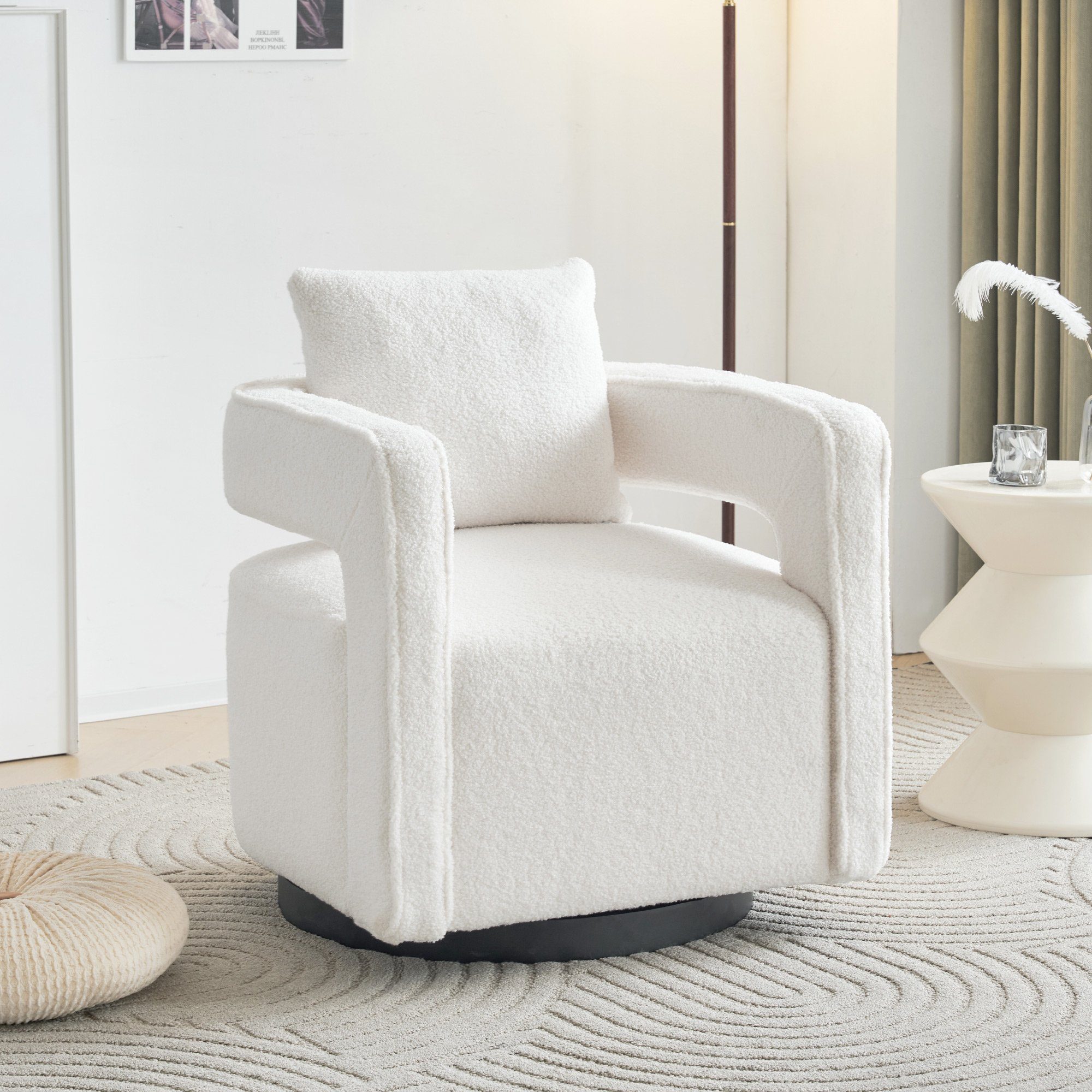 KLAM HOME Relaxsessel Drehsessel Polsterstuhl Einzelsofasessel (Freizeitstuhl mit Armlehnen), 360° drehbar TV-Sessel mit Kissen, für Wohn-, Schlaf- und Arbeitszimmer weiß