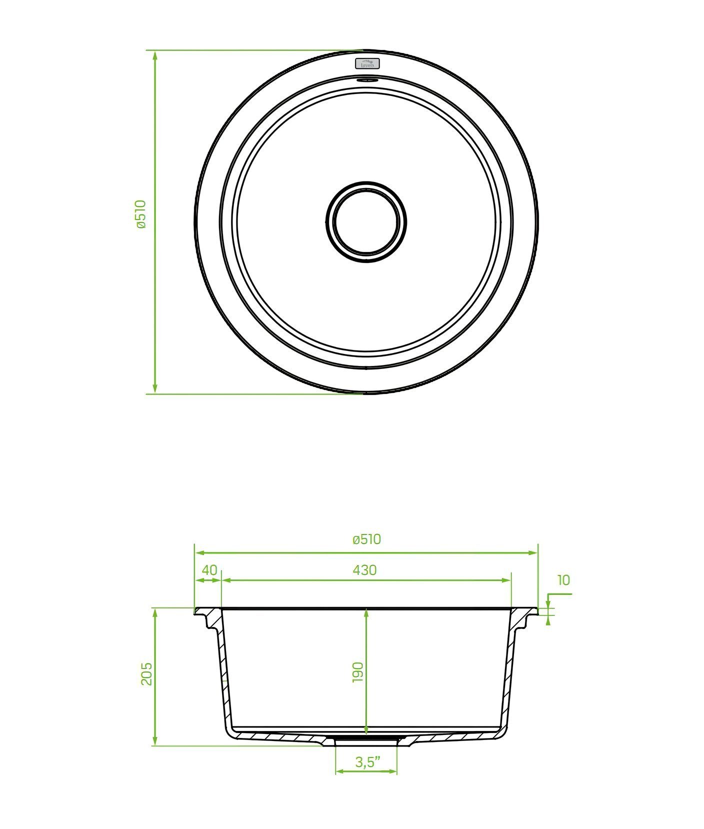 KOLMAN Küchenspüle Einzelbecken Dafne Rund Granitspüle, Rund, 51/51 cm, Schwarz, Space Saving Siphon GRATIS