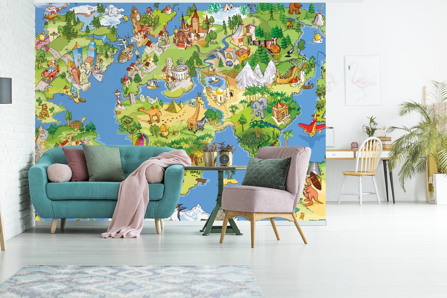 - - Natur (6 Vinyl MuchoWow Kinder - Wohnzimmer, Wallpaper bedruckt, Grün, Weltkarte St), - Schlafzimmer, Kinderzimmer, Fototapete Tiere - Tapete Matt, Blau für
