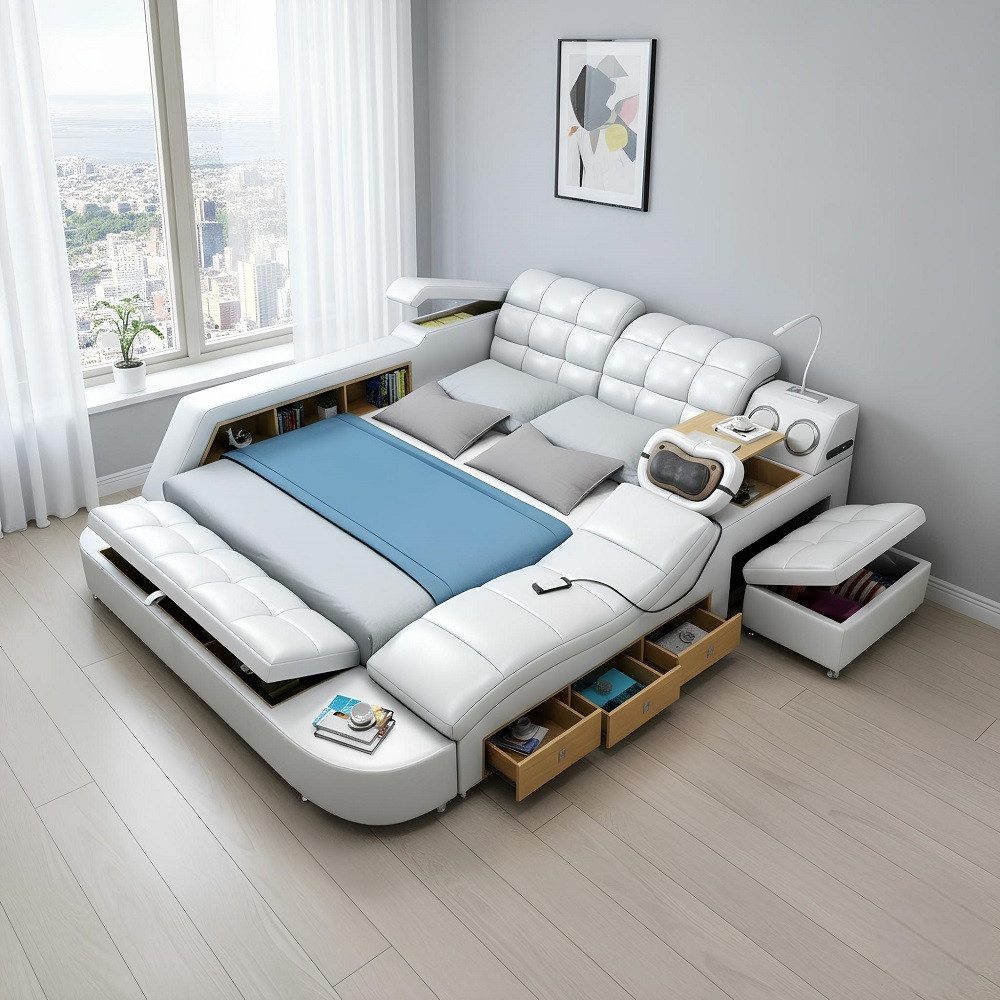 JVmoebel Multimediabett Multifunktionales Bett in Weiß mit Kunstleder und Silberglanz (1-tlg., Bett), Made in Europa