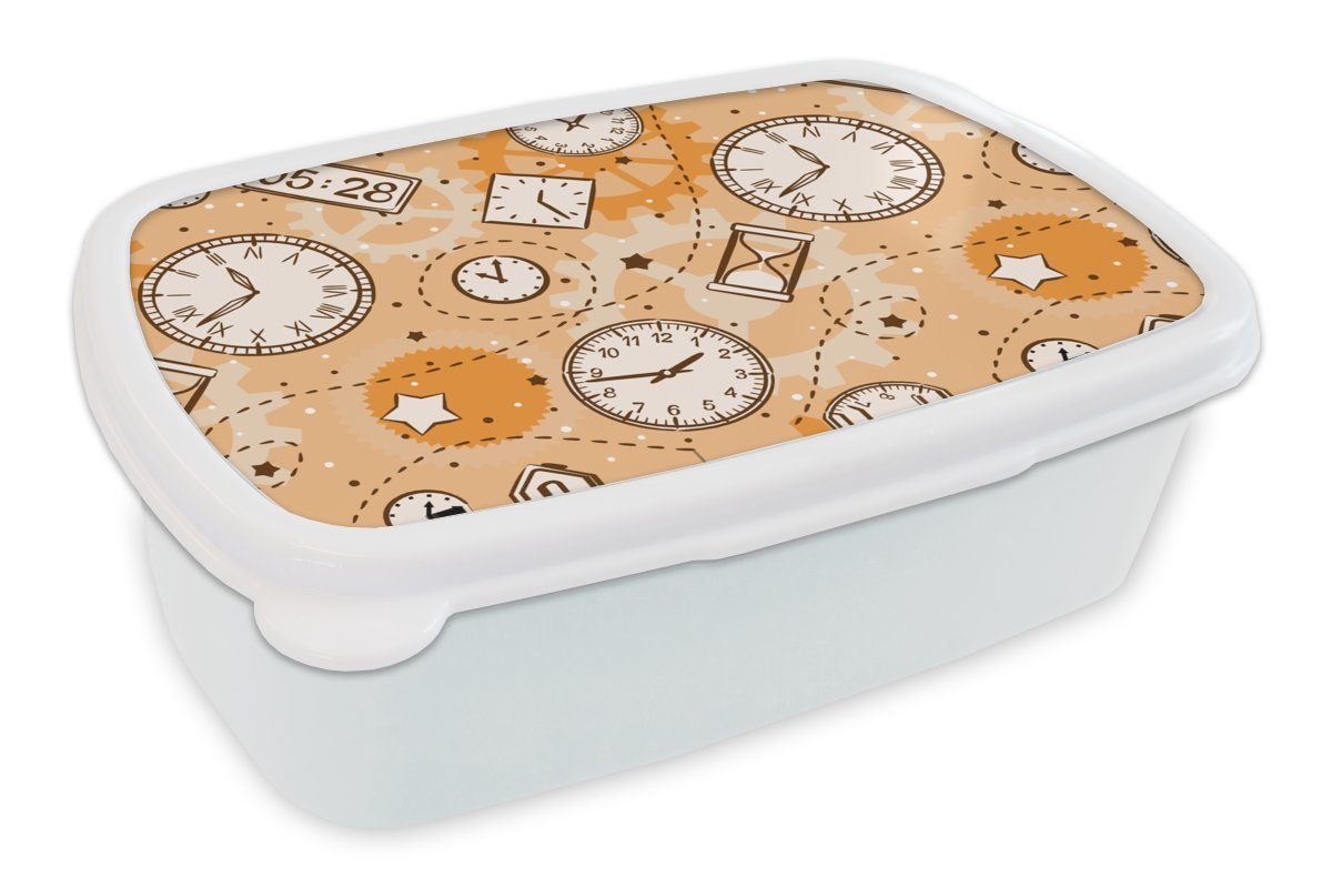 MuchoWow Lunchbox Muster - Uhr - Sanduhr, Kunststoff, (2-tlg), Brotbox für Kinder und Erwachsene, Brotdose, für Jungs und Mädchen weiß