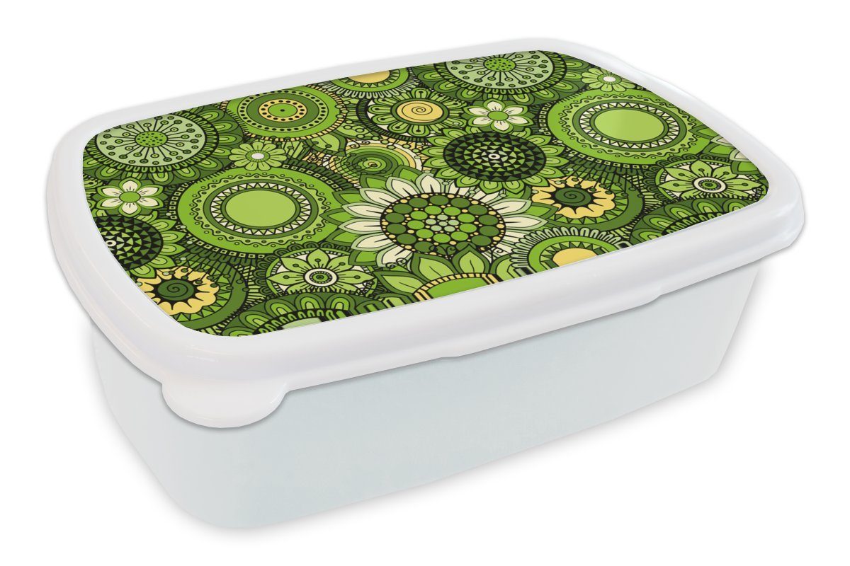 MuchoWow Lunchbox Blumen - Grün - Muster, Kunststoff, (2-tlg), Brotbox für Kinder und Erwachsene, Brotdose, für Jungs und Mädchen weiß