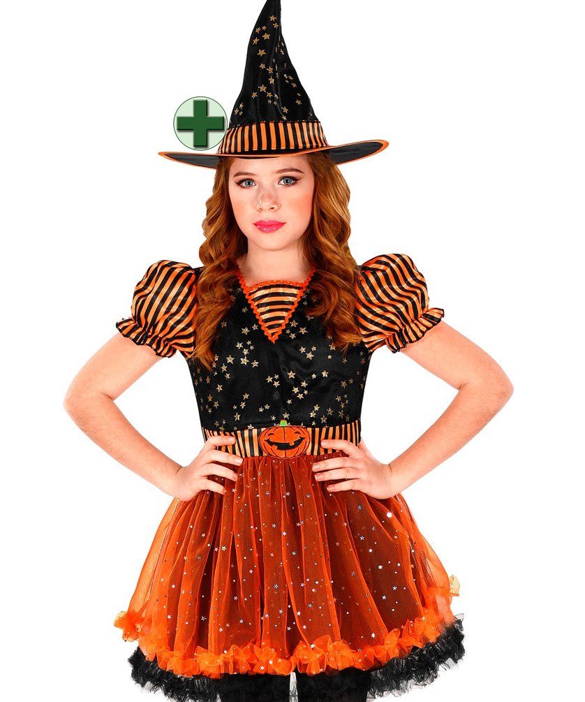 Karneval-Klamotten Hexen-Kostüm Schwarz orange glitzer Hexe mit Hexenhut, Kinderkostüm Mädchenkostüm Halloween Hexenkleid