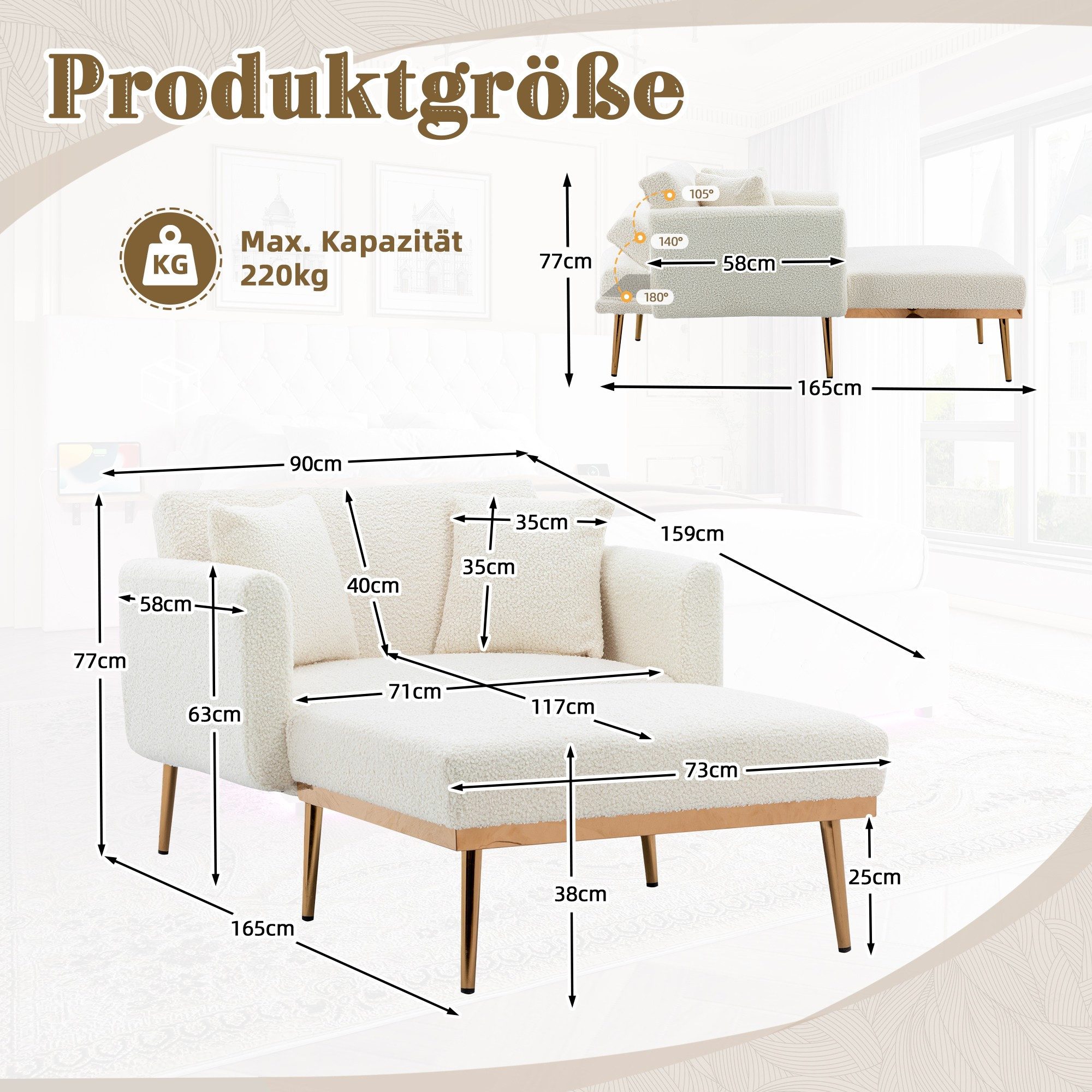 BlingBin Relaxsessel Schlafsessel verstellbare Rückenlehne Sofa Liegestuhl Klappsofa Stuhl (Sessel 165x90x77cm, 1-St., bestehend aus Sessel und Hocker), Mit zwei Kopfkissen, für Wohnzimmer Schlafzimmer Studie Zimmer Sessel