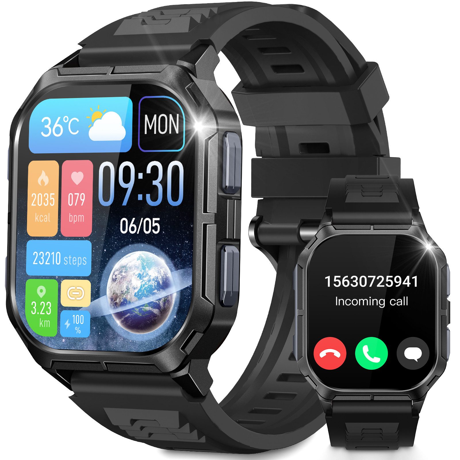 Rayofi Smartwatch Damen, Smartwatch Herren, Fitness Uhr mit Anruffunktion Smartwatch (1.93 cm) Gesundheits-Uhren mit SMS-Benachrichtigung, Blutsauerstoff, Blutdruckmessung, Herzfrequenz, Schlafqualität, Schrittzähler, AI Voice und Musiksteuerung etc., IP67 Wasserdichte Sportuhr mit 150+ Trainingsmodi, verfügbar für IOS und Android.