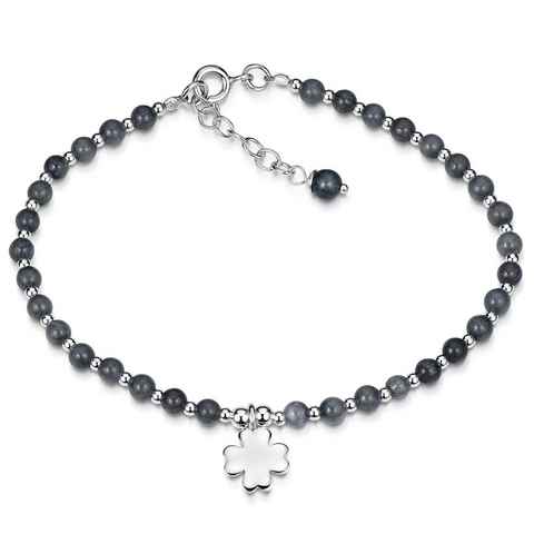 Materia Armkette Damen Kleeblatt Edelstein Achat Grau Schwarz SA-1, 925 Sterling Silber, längenverstellbar