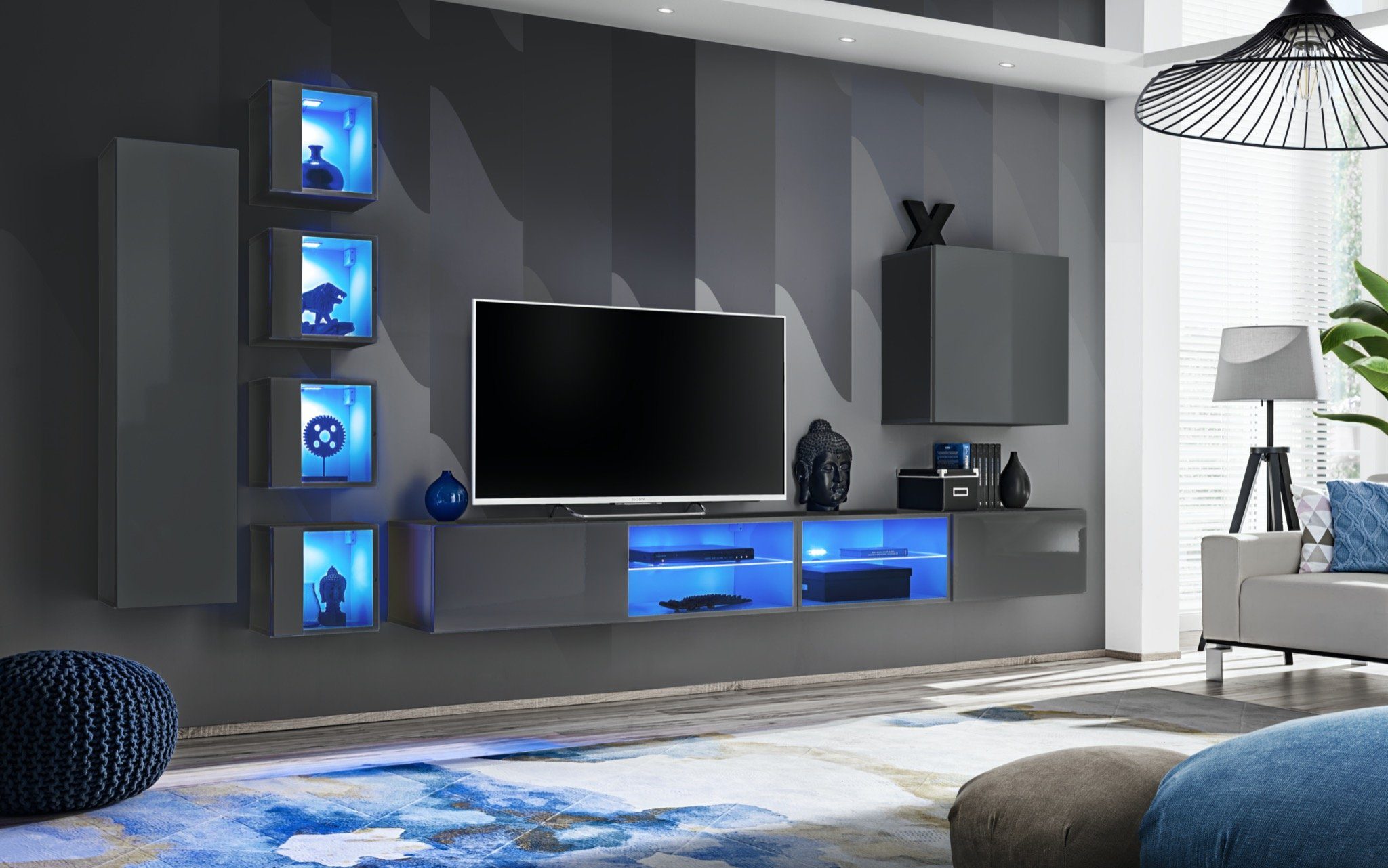JVmoebel Wohnwand Luxus Wohnwand 3x Wandschrank Möbel Einrichtung Schwarz Regale, (8-St., 2x TV Ständer + 6x Wandschrank), LED beleuchtet