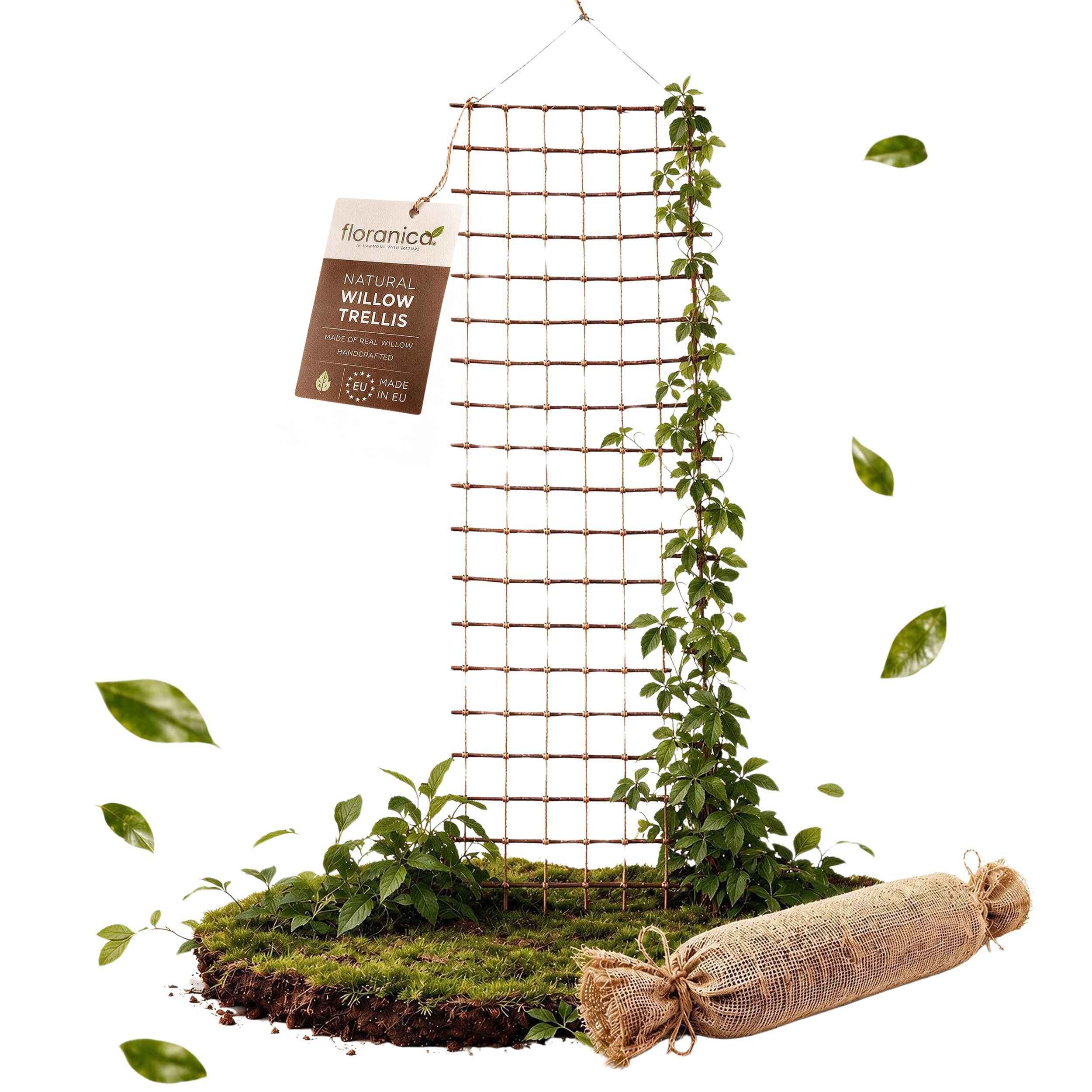Floranica Rankhilfe Rankgitter Holz für die Wand, Weide handgebunden mit Juteschnur, 1 St., Breite - 50 cm, aufhängefertig mit Juteschlaufe, für Rosen, Clematis, innen und außen