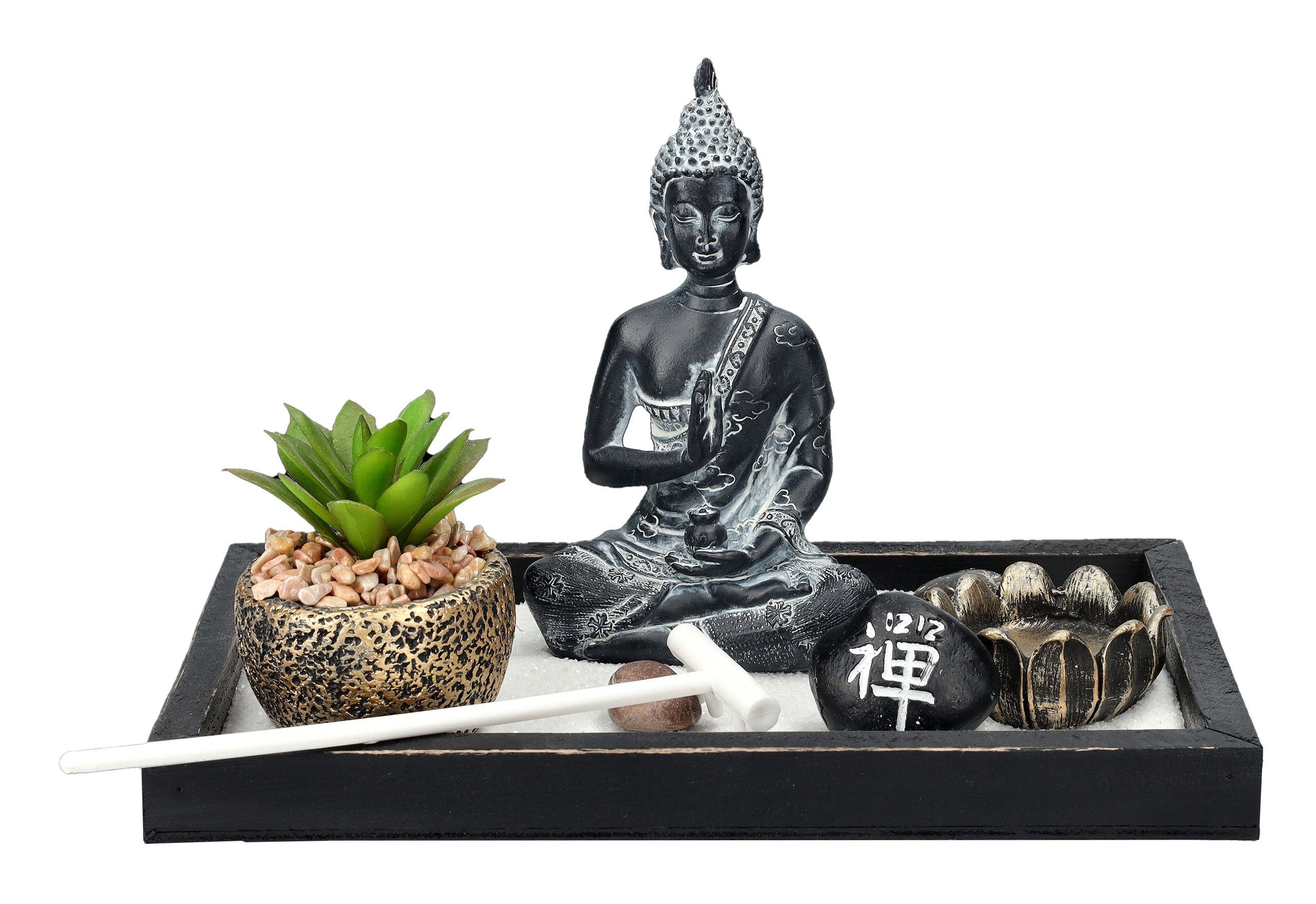Figuren Shop GmbH Dekofigur Buddha Figur mit Zen Garten schwarzgrau