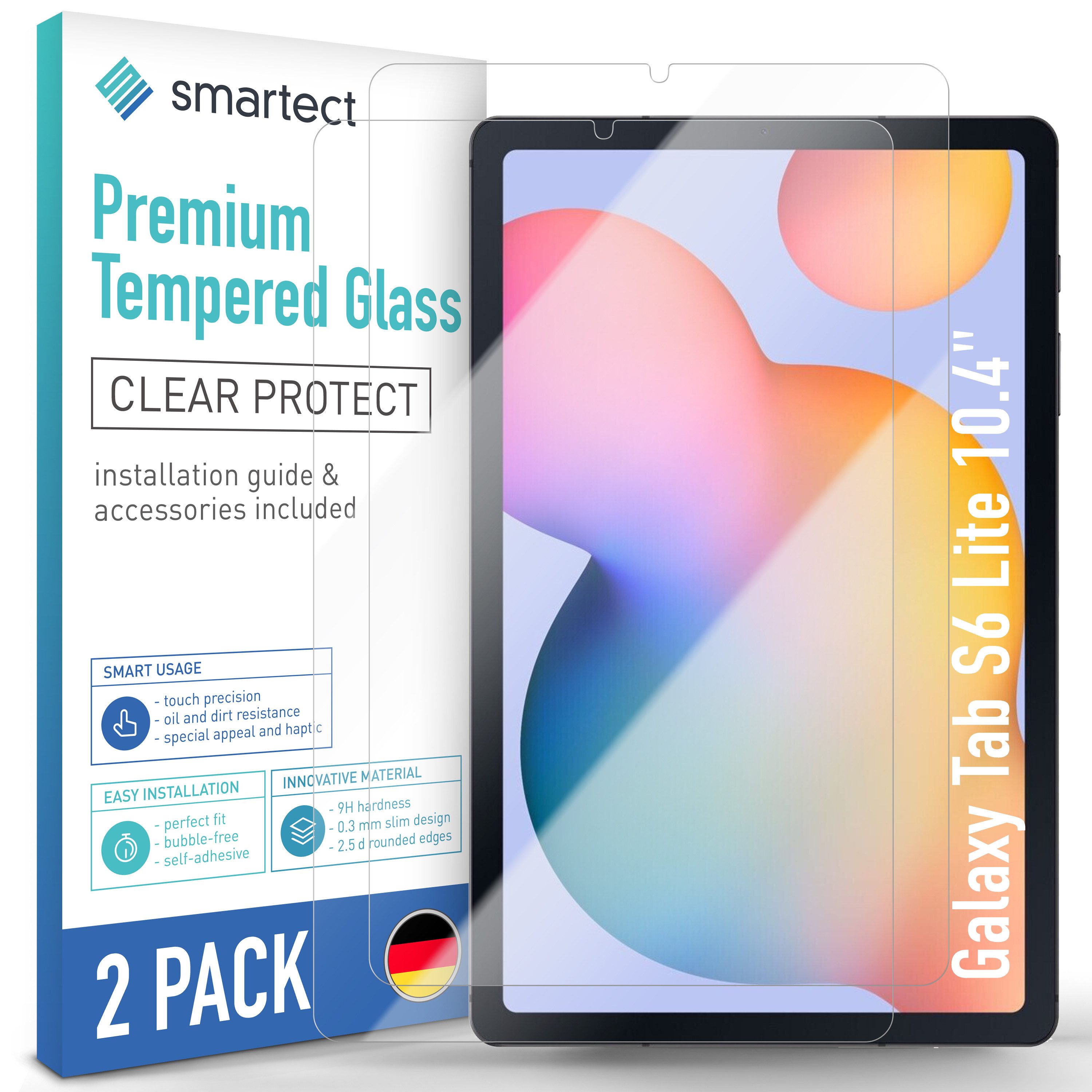 smartect Displayschutzglas Schutzglas Panzerfolie Klar für Galaxy Tab S6 Lite 10.4", Set, 2 Stück, Schutzfolie Glasschutz Bildschirm