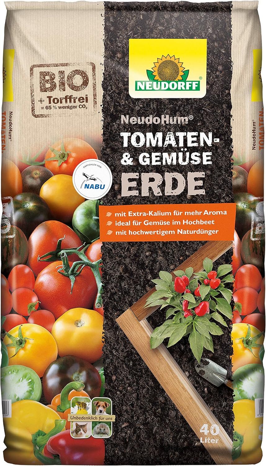 Neudorff Pflanzerde NeudoHum Tomaten- & GemüseErde 40 L, mit Organischer Naturdünger, (Einzelartikel, Mit Extra-Kalium für mehr Aroma und hohe Strukturstabilität), Biologisch, torffrei, mit Extra-Kalium und hoher Strukturstabilität