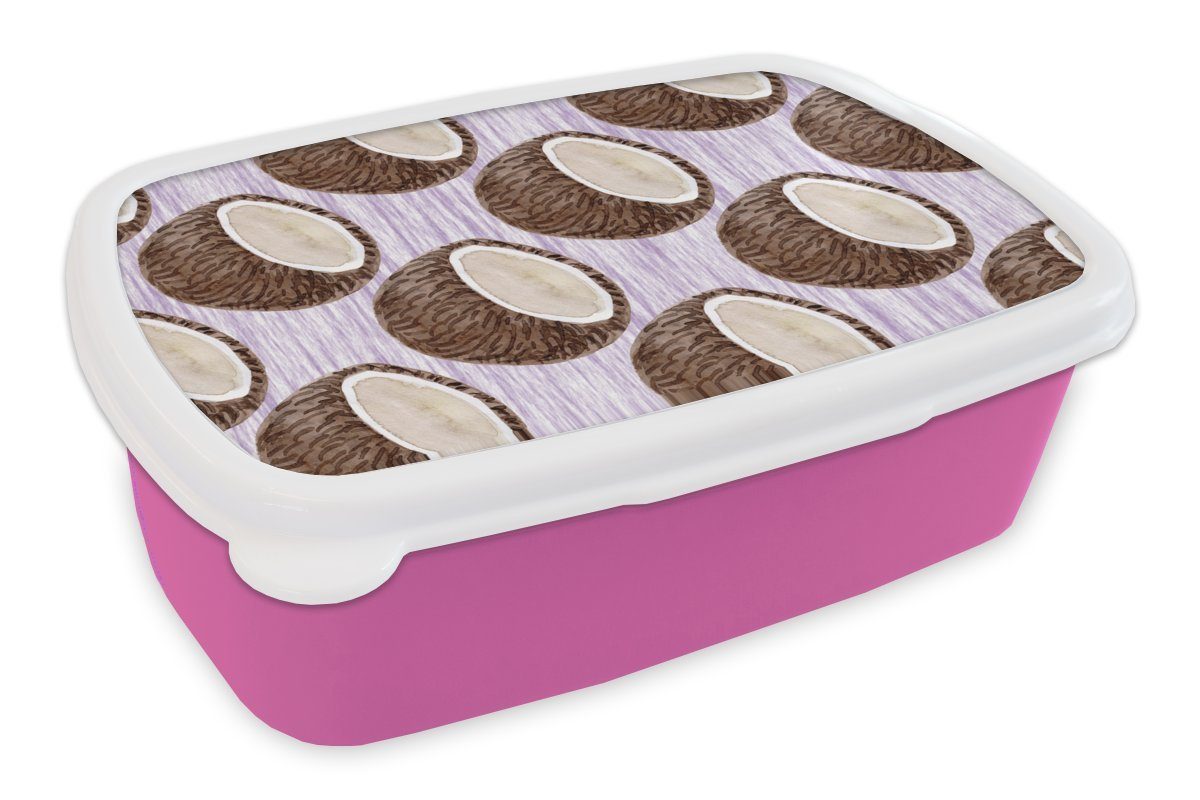 MuchoWow Lunchbox Kokosnuss - Lila - Muster, Kunststoff, (2-tlg), Brotbox für Erwachsene, Brotdose Kinder, Snackbox, Mädchen, Kunststoff rosa