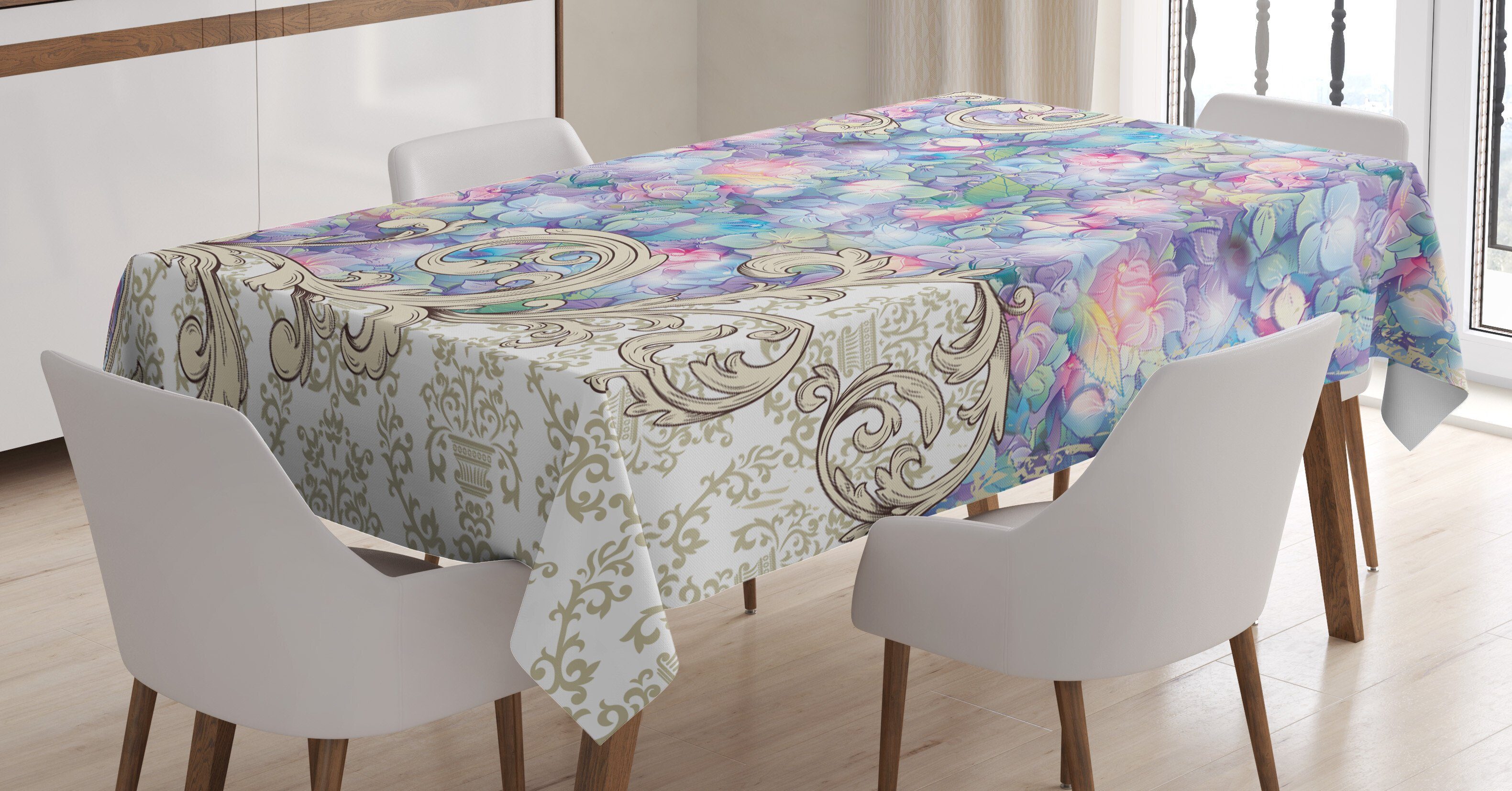 Abakuhaus Tischdecke Farbfest Waschbar Für den Außen Bereich geeignet Klare Farben, Blume Barock Hortensien-Wirbel