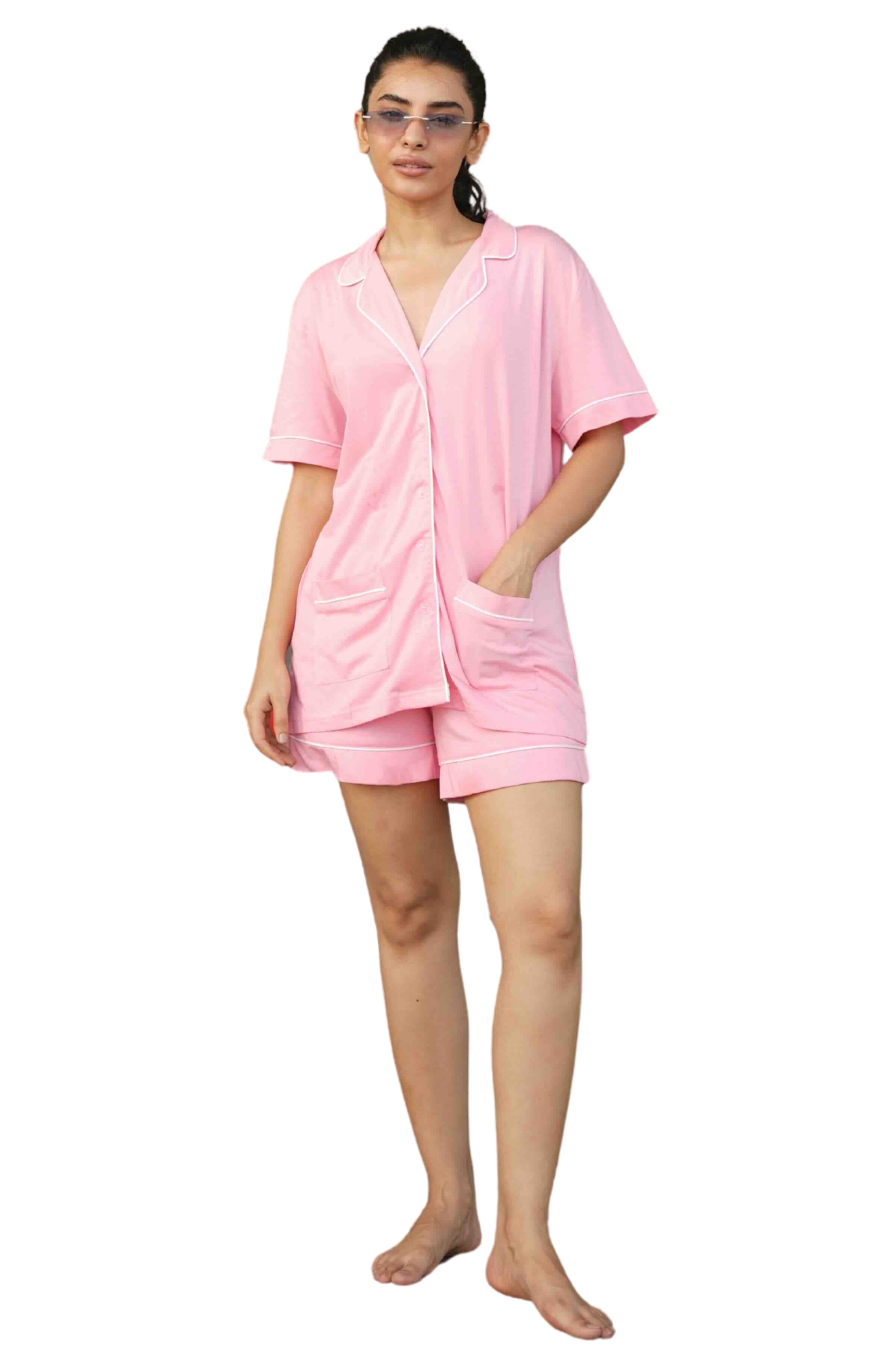 Shorty Damen Pyjama 2-teilig aus 100 % Baumwolle in Rosé mit Kontrastpaspel