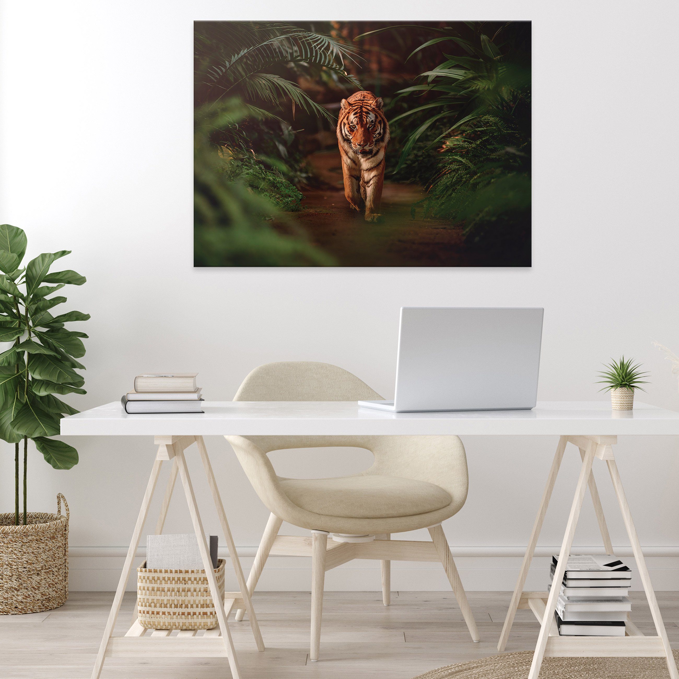 Wallarena Leinwandbild Modern, Tropisch Wandbild Aufhängefertig (Einteilig), im Wald Tiger Dschungel Dschungel Tiger XXL Leinwandbilder