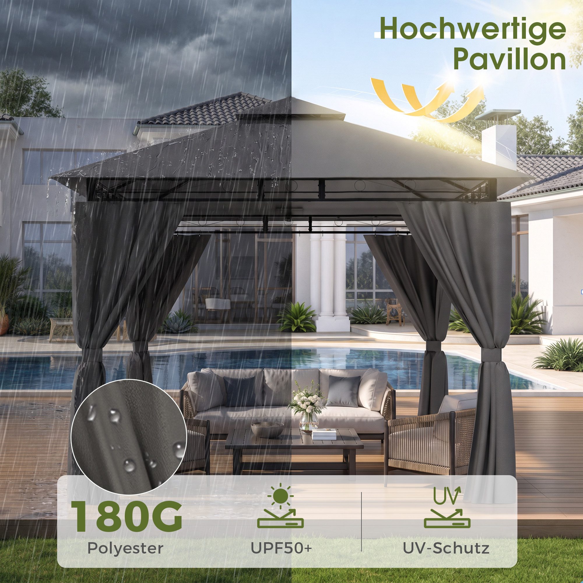 HOMALL Pavillon Winddicht und Wasserdicht, 300x300/300x400cm Pavillon für 4-8 Personen, mit 4 Seitenteilen, (mit LED-Beleuchtung(Akkus: 1 St) und ohne LED-Beleuchtung(Akkus: 0 St) 180G-PU-Polyester Abnehmbare Seitenwände), Patio Pavillon Für Garten, Terrasse & Hof