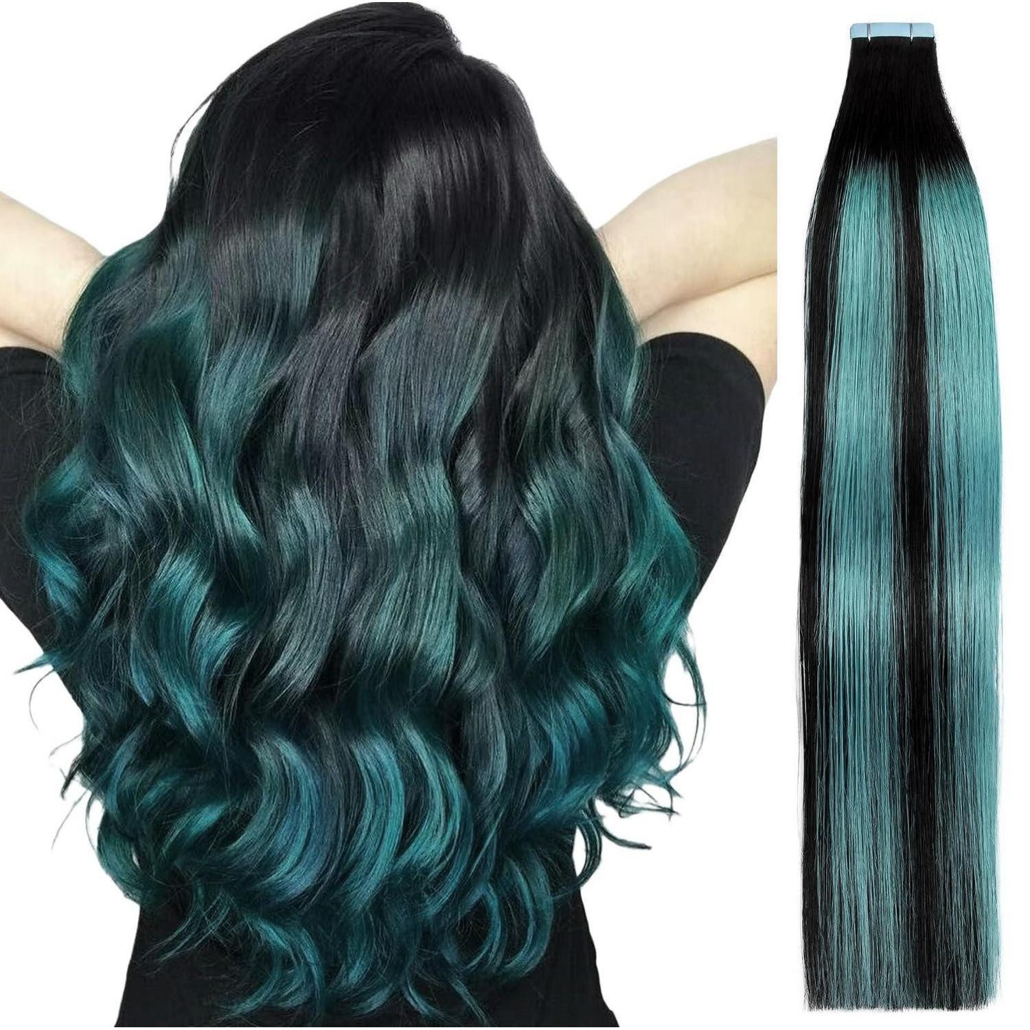 LuxusKollektion Echthaar-Extension Tape Extensions 45cm-10Stück-20g Ombré von Schwarz zu Petrolgrün