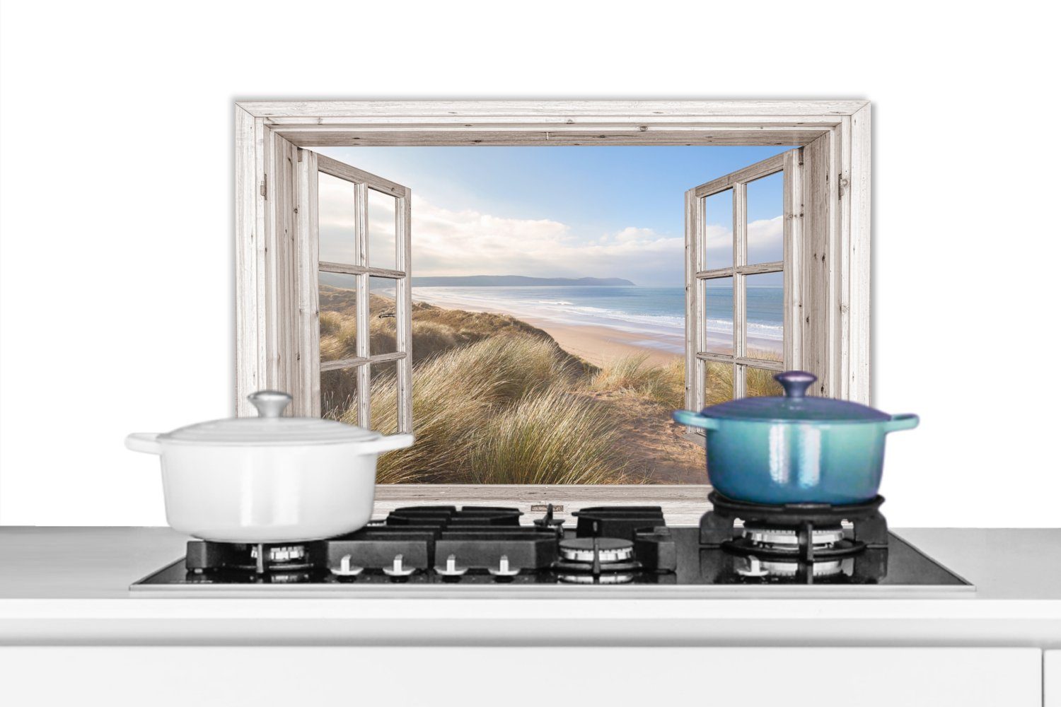 MuchoWow Küchenrückwand Durchblick - Strand - Meer - Dünen - Strandgras - Sand - Blau, (1-tlg), 60x40 cm, Herdblende aus Wandschutz, Temperaturbeständig küchen