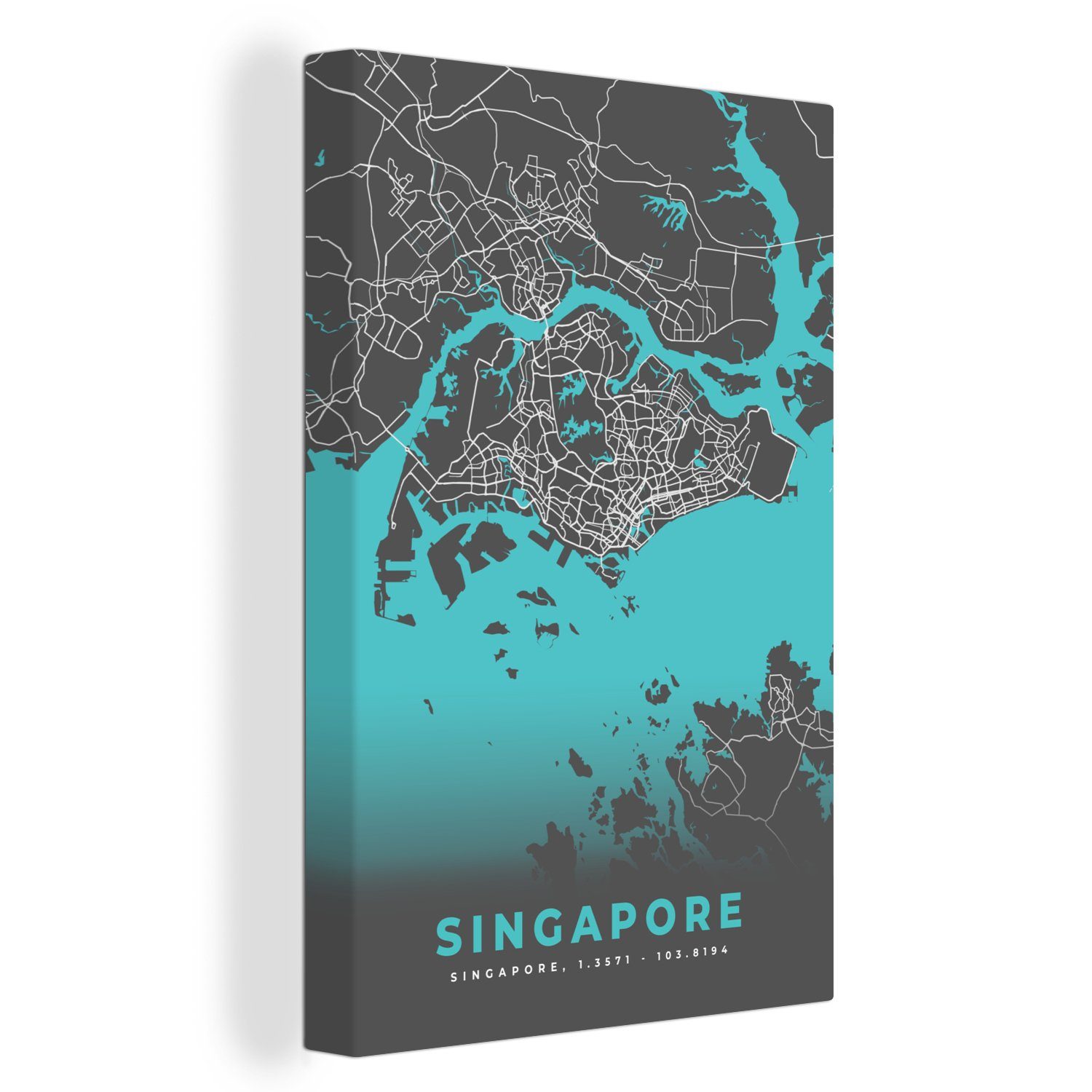 Zackenaufhänger, cm bespannt St), OneMillionCanvasses® Singapur Stadtplan fertig - - Gemälde, Leinwandbild Blau (1 Karte, Leinwandbild - 20x30 inkl.