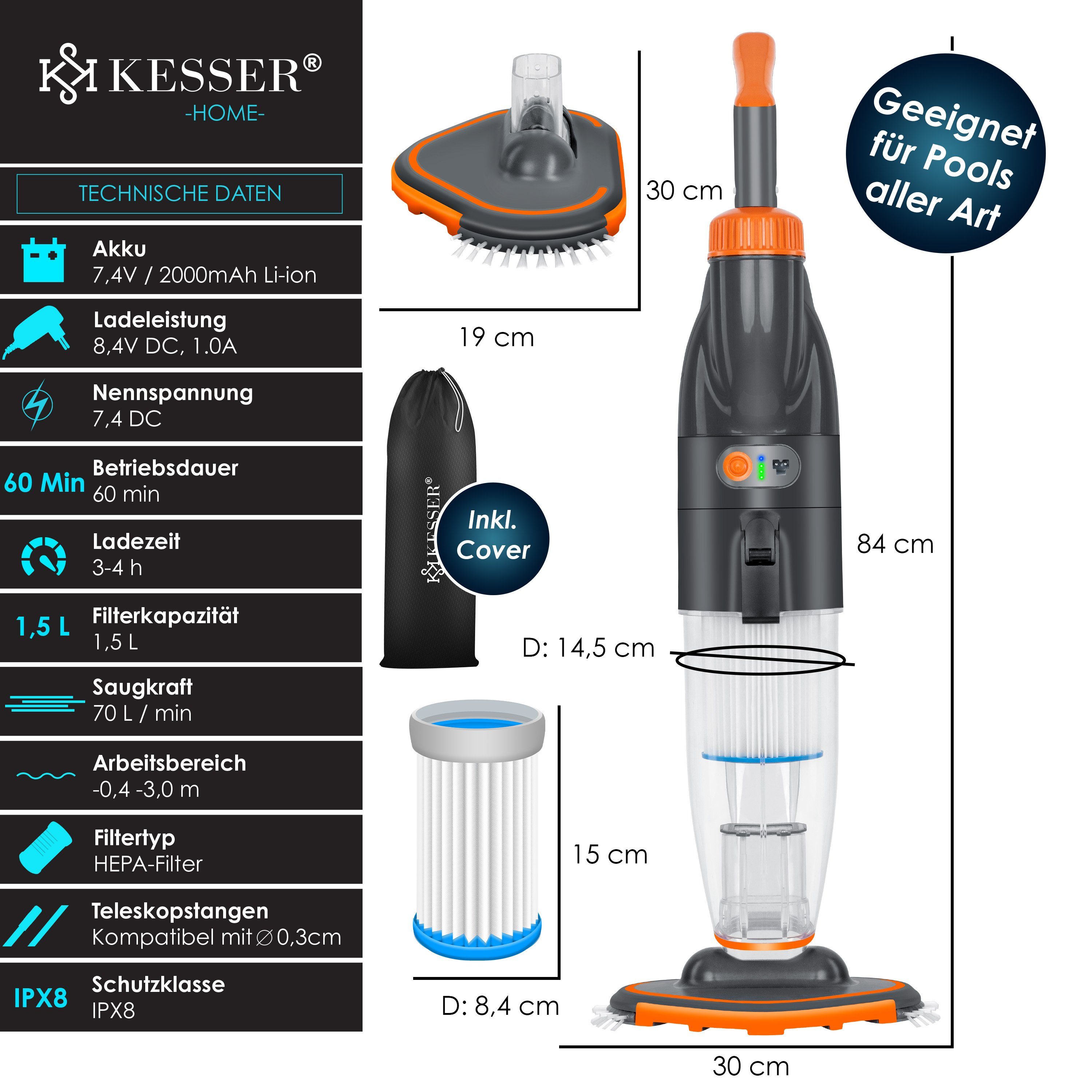 KESSER Poolbodensauger, Poolsauger mit Akku elektrisch Pool Bodensauger Handsauger