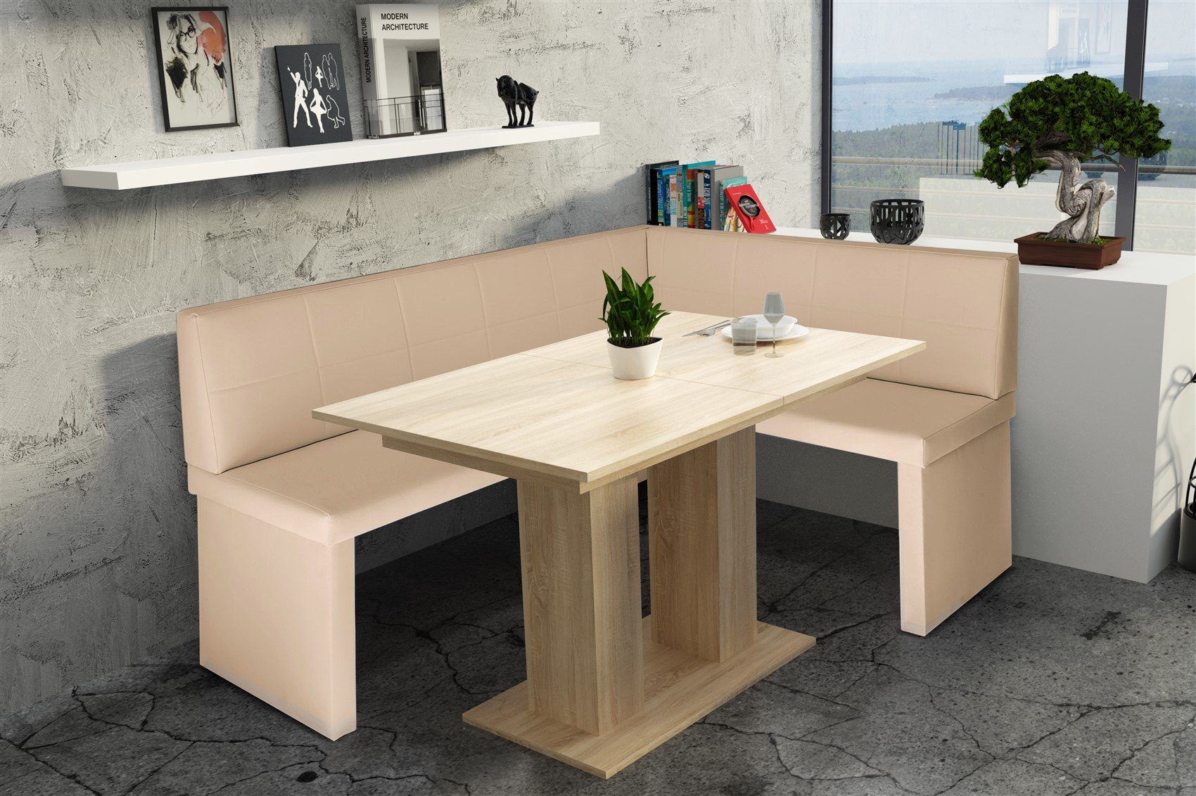 „Robin“ Tisch Fun „Dante sonoma“, Möbel Creme Tisch ausziehbarer mit Eckbankgruppe Eckbankgruppe 168x128cm Kunstleder in