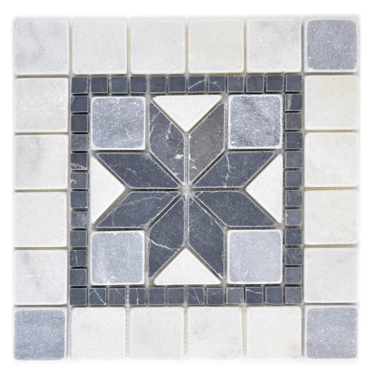 Mosafil Mosaikfliesen Naturstein Rosone Lizard Schwarz Weiß Grau 30x30cm, Naturstein-Travertin 30.500x30.500, weiß-schwarz-grau, Verlegefertig auf ein Netz geklebt - Frostsicher - Wasserfest -