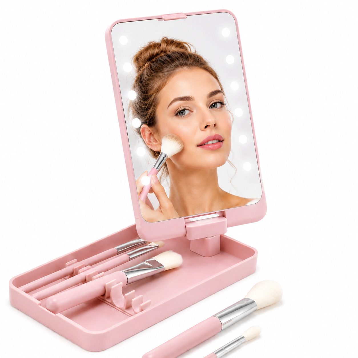 Toomoke Schminkspiegel LED Schminkspiegel mit Beleuchtung, Tragbarer Kosmetikspiegel (für Zuhause und Reisen), Touch-Sensor, USB-Ladefunktion, 360° Drehbar, inkl. 5 Make-up-Pinsel