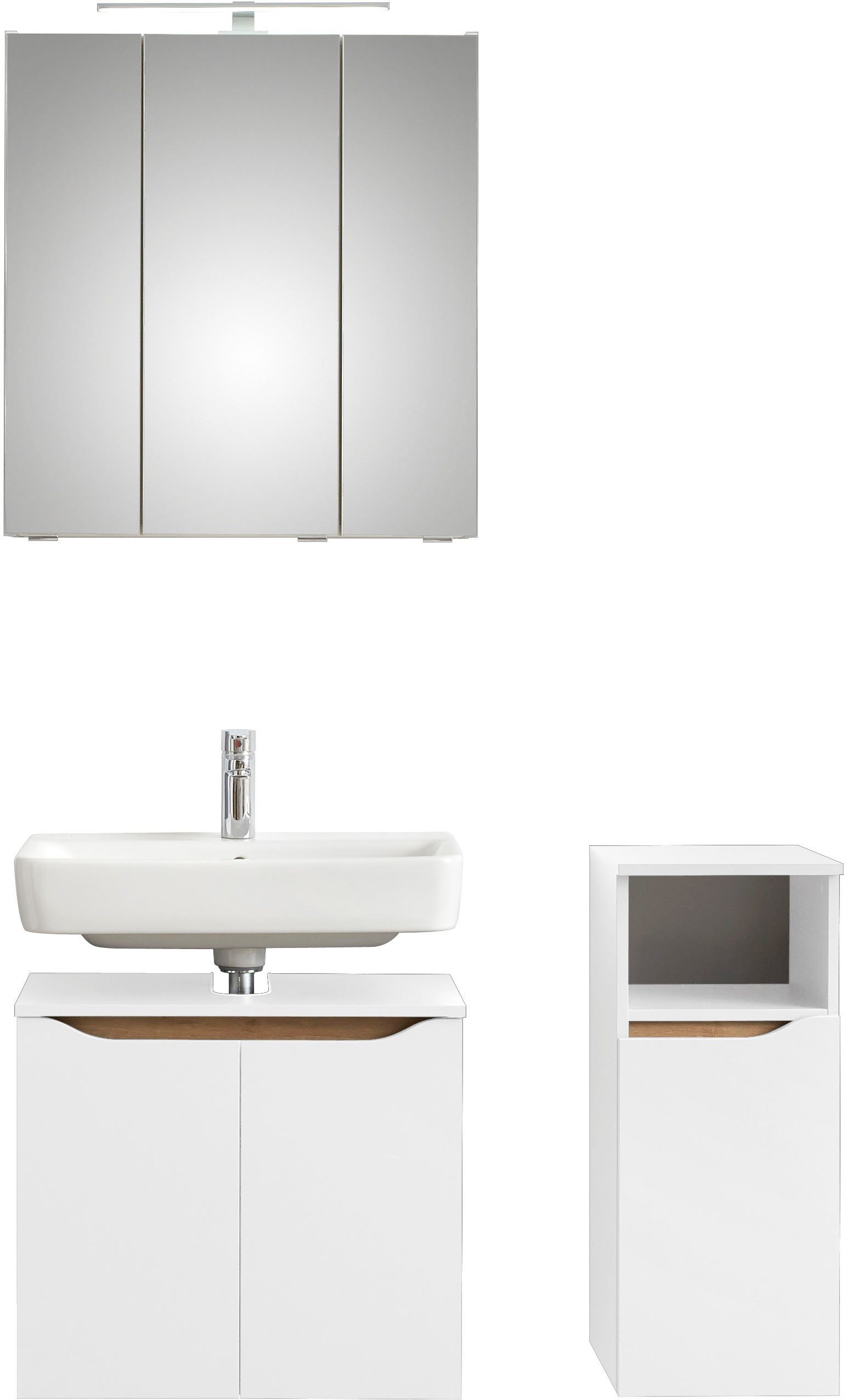 Badmöbel-Set Quickset 3-teilig, Waschbeckenunterschrank mit LED-Spiegelschrank