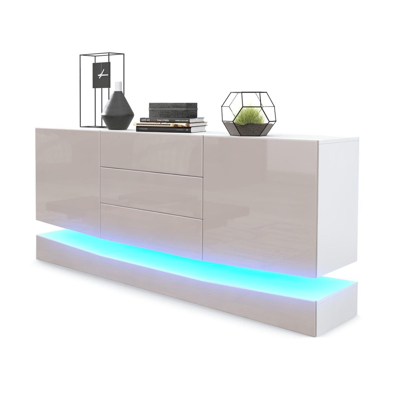 Vladon Sideboard City (Kommode mit 2 Türen, und 3 Schubladen inkl. LED-Beleuchtung), Weiß matt/Sandgrau Hochglanz (178 x 72 x 38 cm)